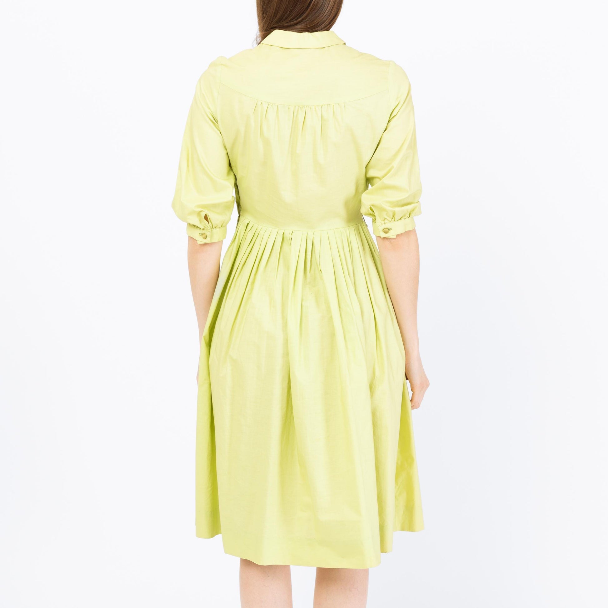 Vintage 50s Chartreuse Embroidered Fit & Flare Dress - Extra Small | Retro 1950s Floral Midi Shirtwaist Day Dress