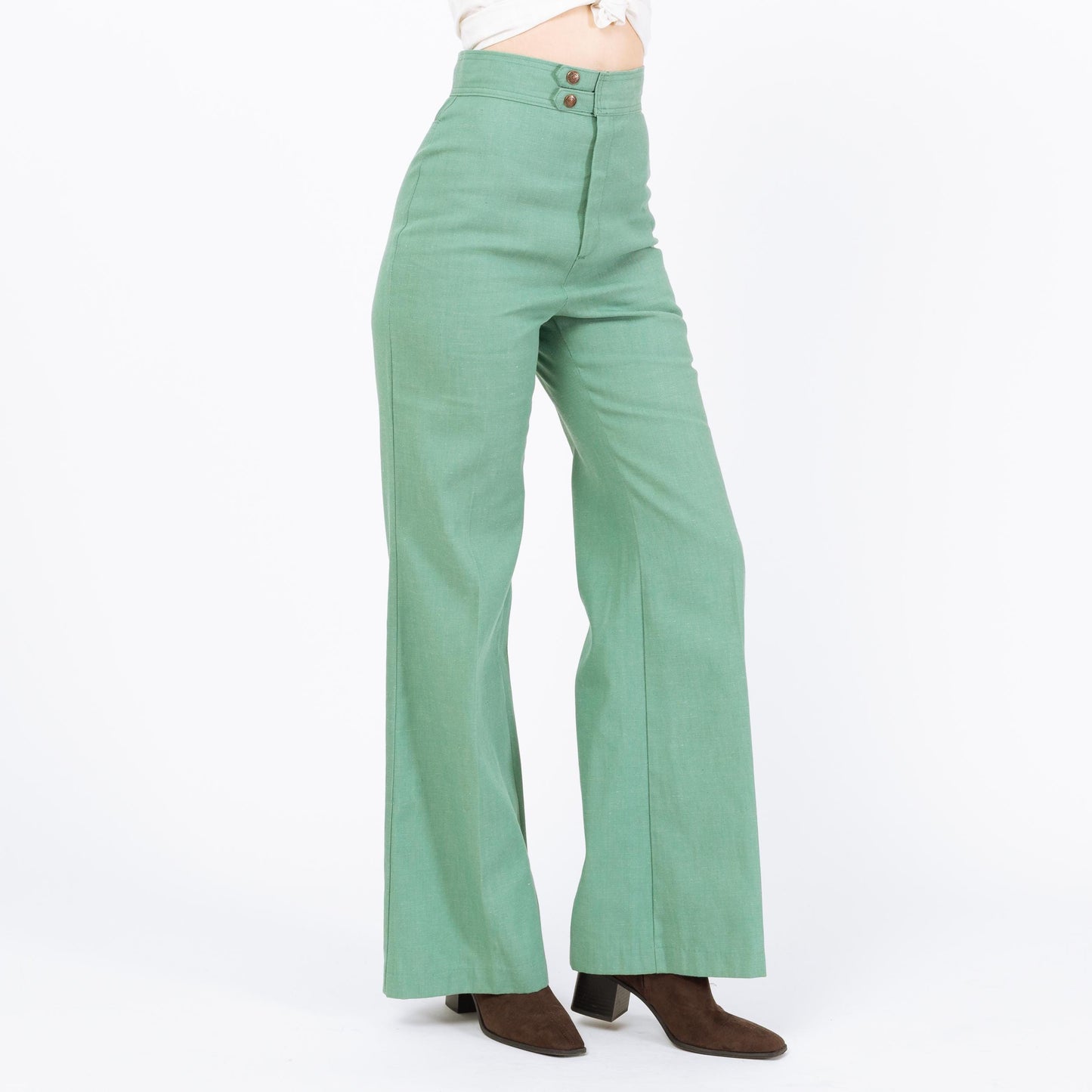 Vintage 70s Levi's Mint Green Flared Pants - Small, 26" Waist | High Rise Yoked Bell Bottoms
