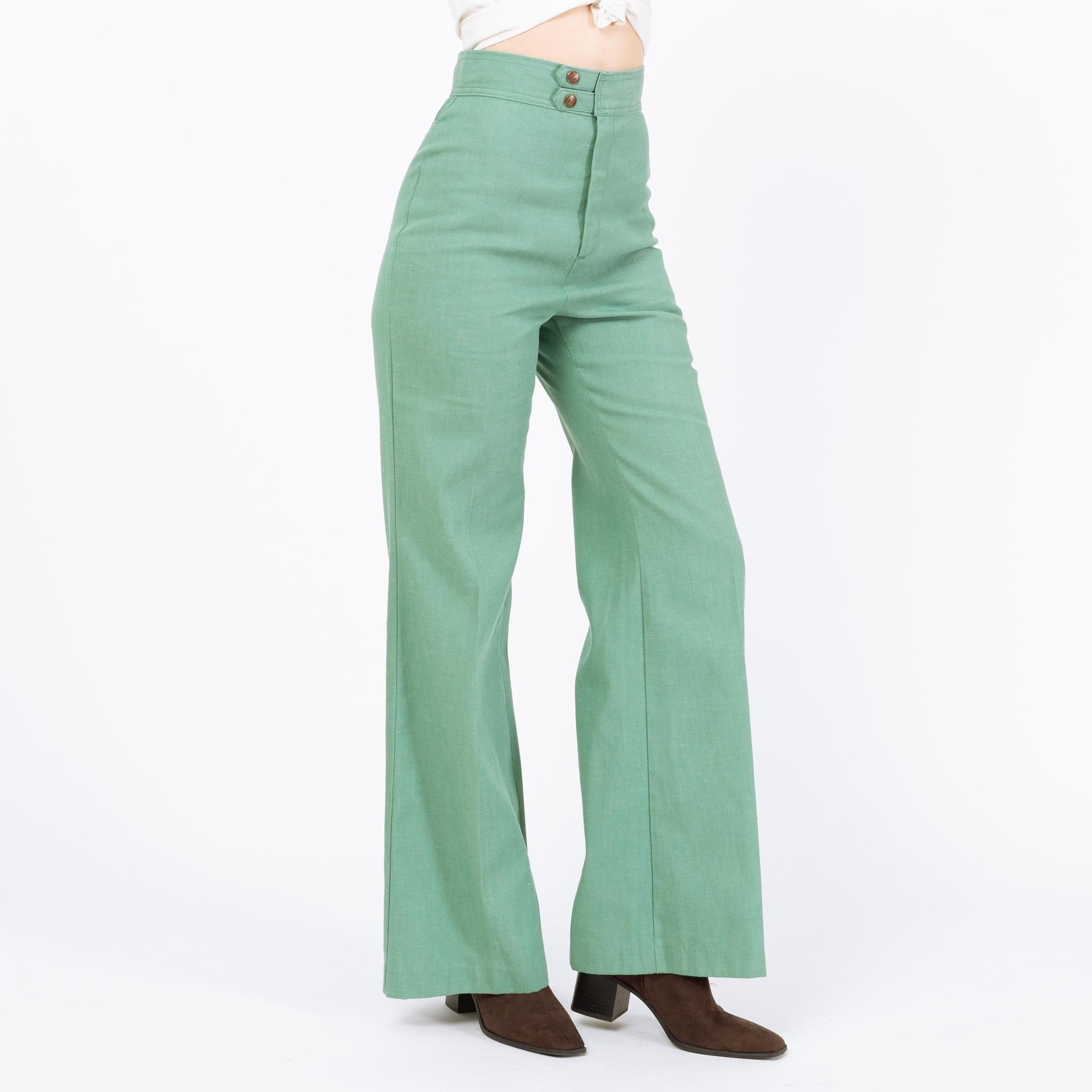 Vintage 70s Levi's Mint Green Flared Pants - Small, 26" Waist | High Rise Yoked Bell Bottoms