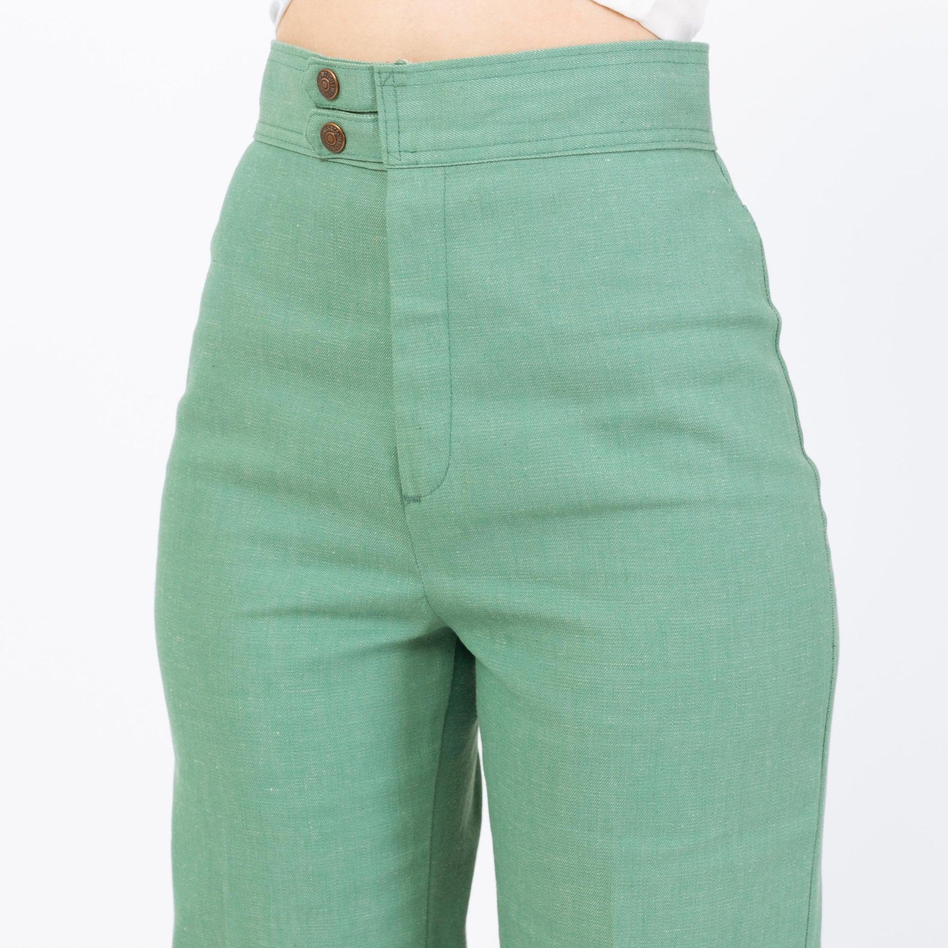 Vintage 70s Levi's Mint Green Flared Pants - Small, 26" Waist | High Rise Yoked Bell Bottoms