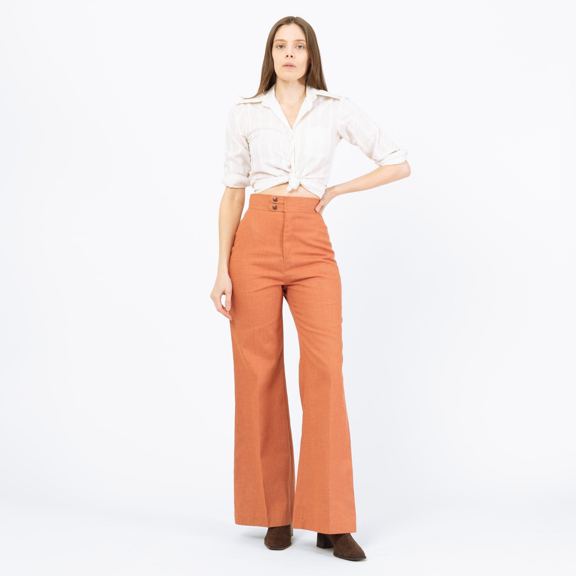 Vintage 70s Levi's Orange Flared Pants - Extra Small, 25" Waist | High Rise Yoked Bell Bottoms
