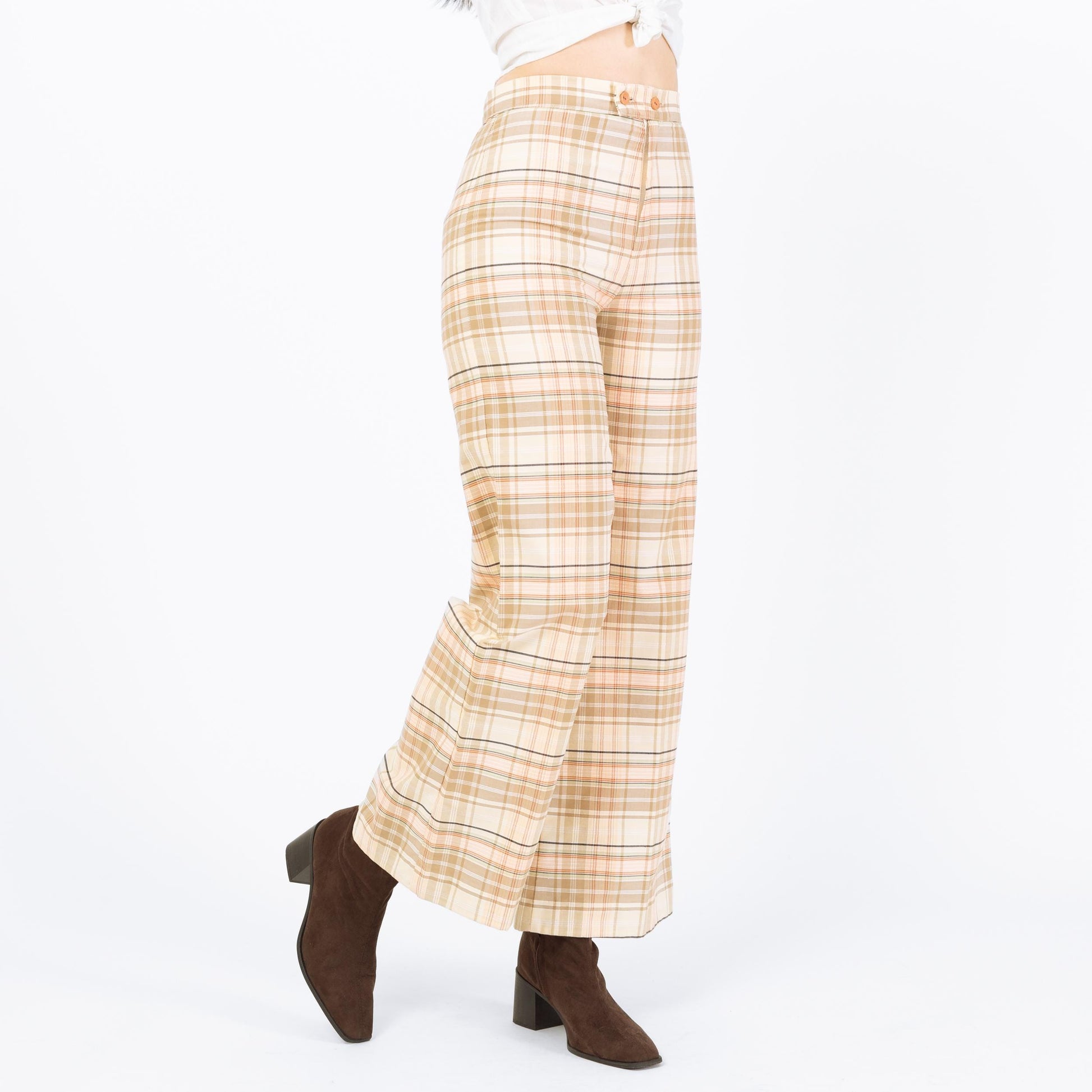 Vintage 70s Plaid Flared Pants - Extra Small, 26" Waist | High Rise Bell Bottoms