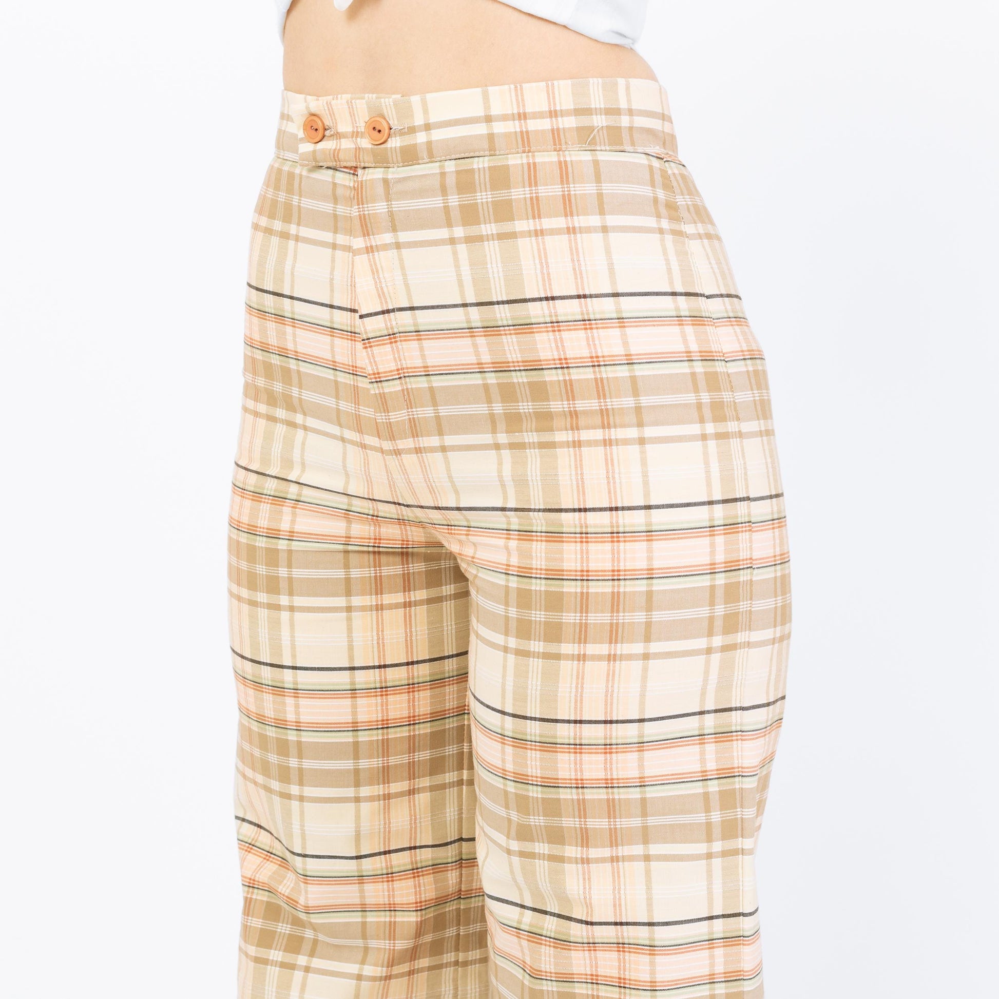Vintage 70s Plaid Flared Pants - Extra Small, 26" Waist | High Rise Bell Bottoms