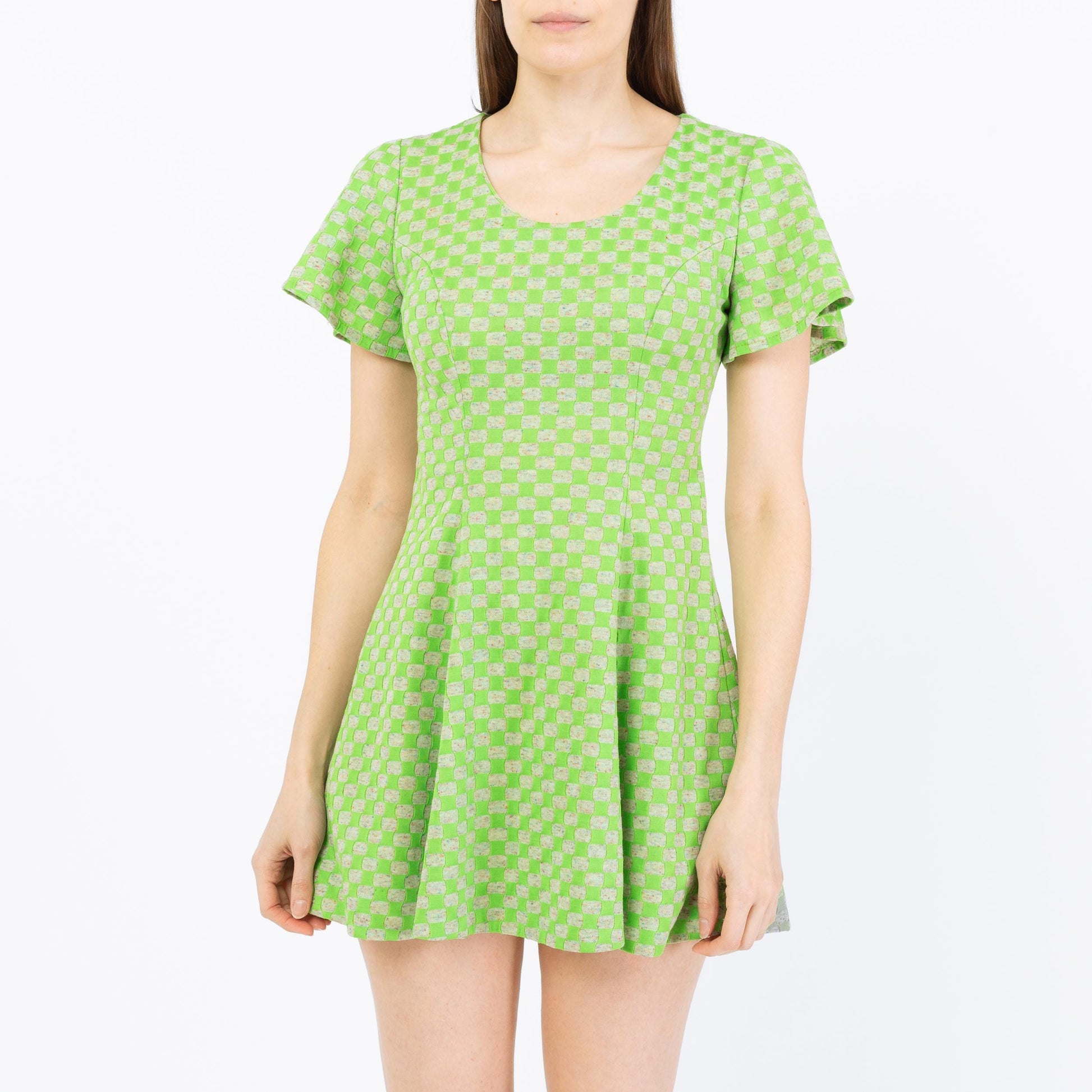 Vintage 70s Green Op Art Flutter Sleeve Mini Dress - Petite Small | Fit & Flare Mod Micro Mini Dress