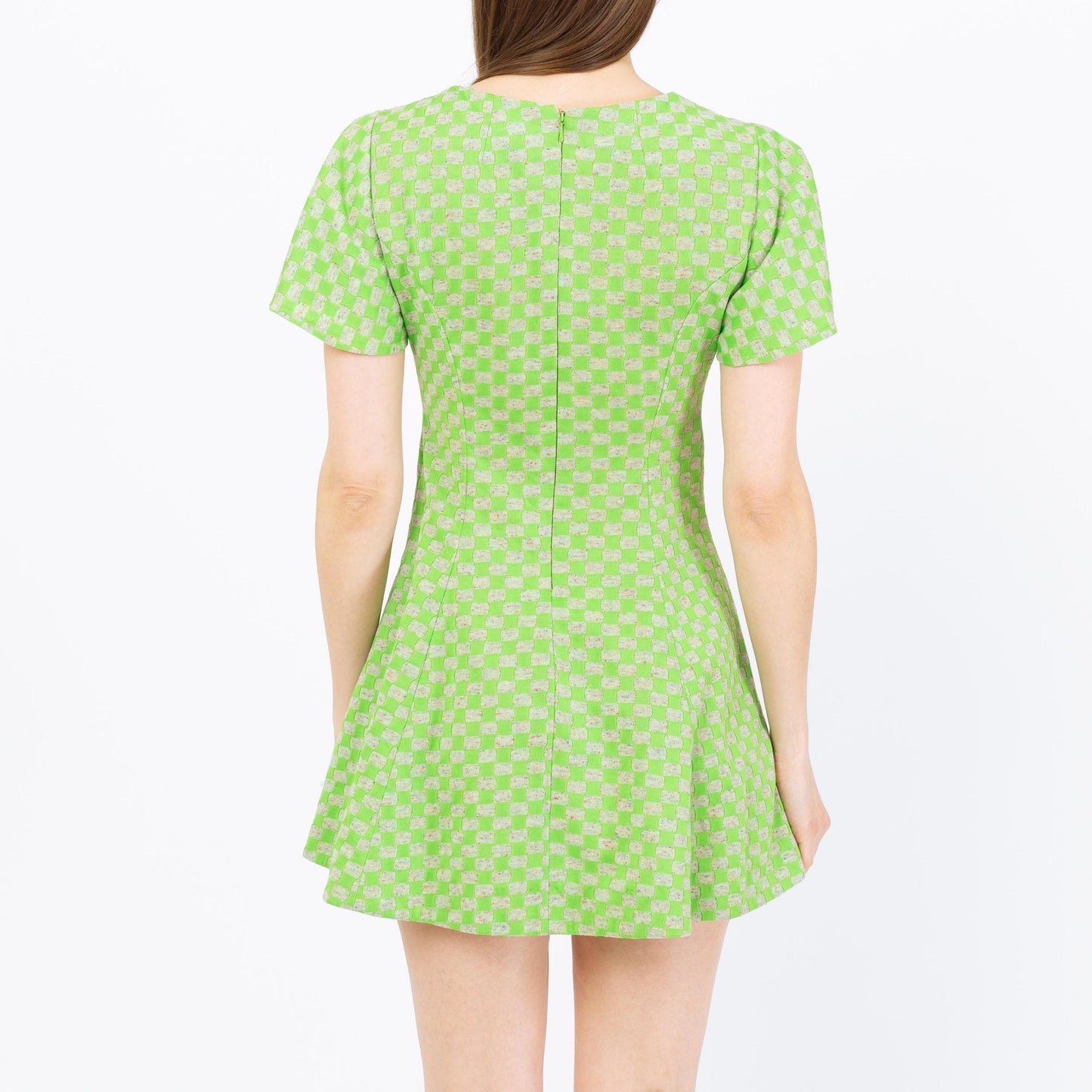 Vintage 70s Green Op Art Flutter Sleeve Mini Dress - Petite Small | Fit & Flare Mod Micro Mini Dress