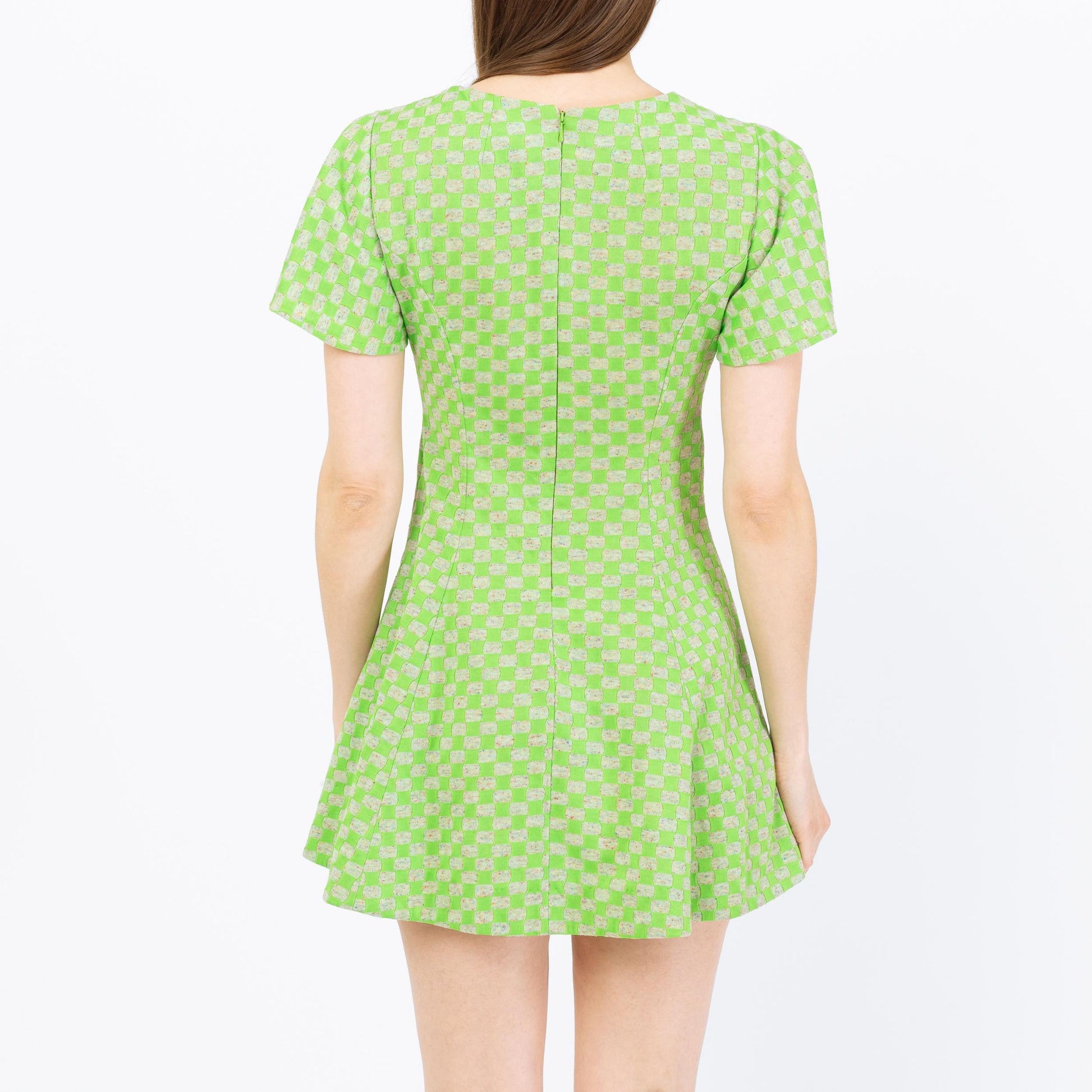 Vintage 70s Green Op Art Flutter Sleeve Mini Dress - Petite Small | Fit & Flare Mod Micro Mini Dress
