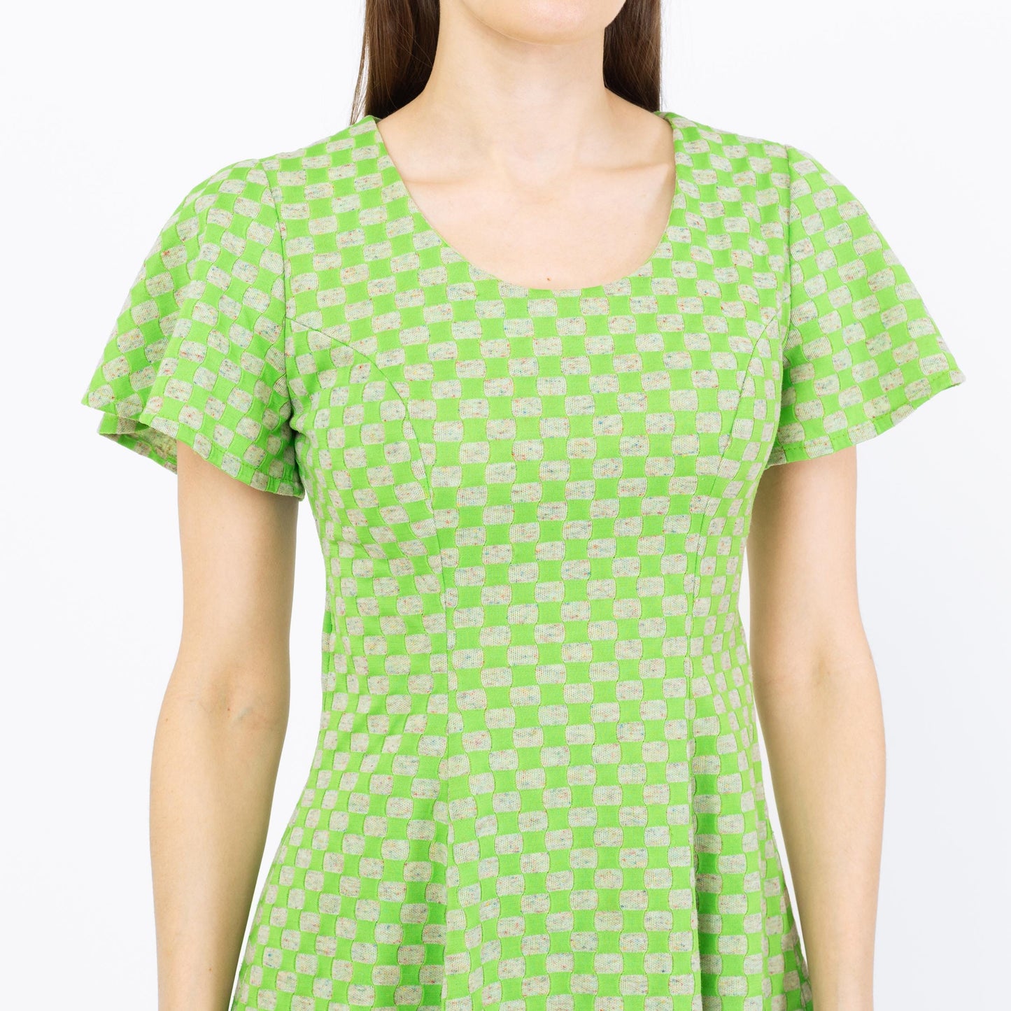 Vintage 70s Green Op Art Flutter Sleeve Mini Dress - Petite Small | Fit & Flare Mod Micro Mini Dress