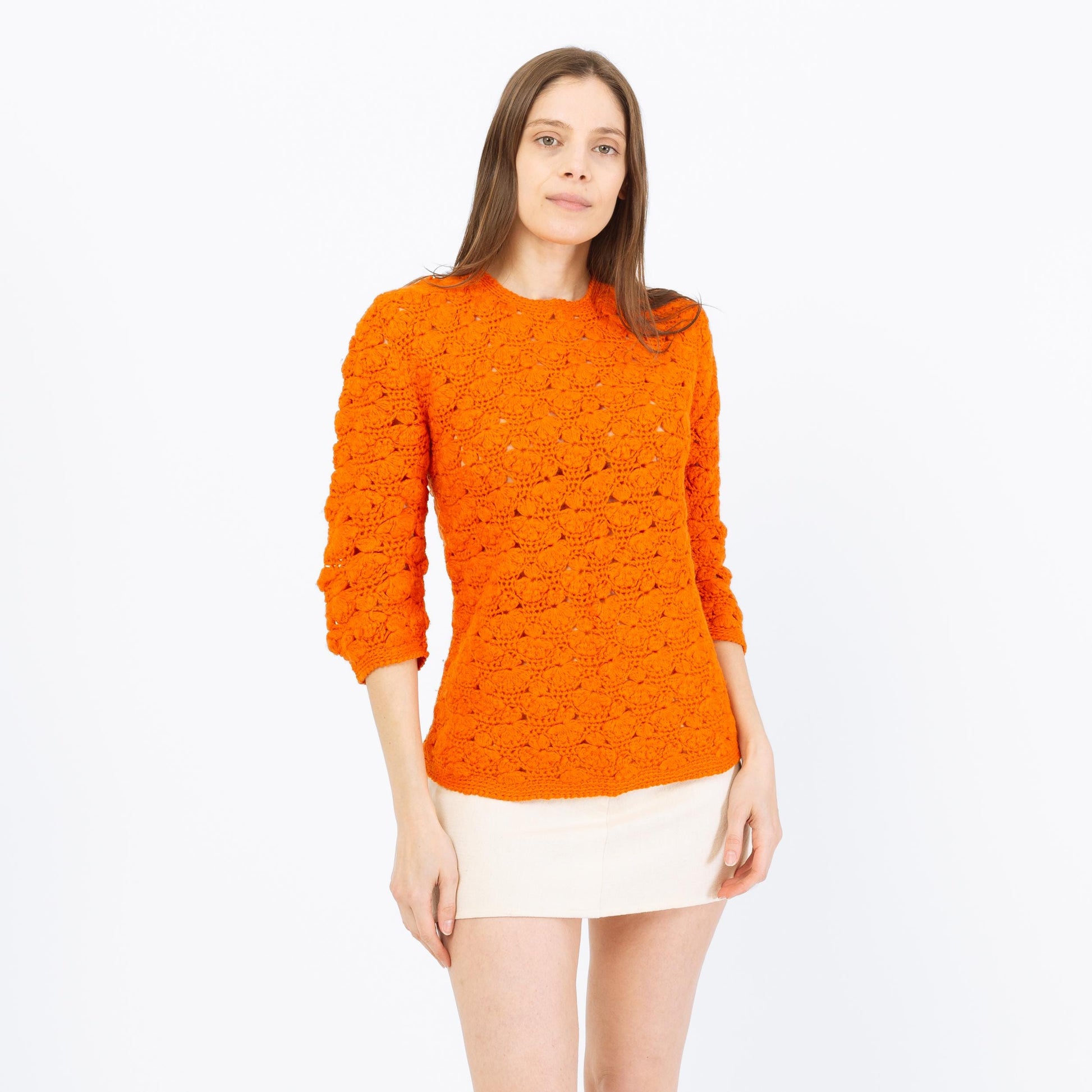 Vintage 70s Orange Floral Crochet Sweater Top - XS to Small | Retro Wool Knit 3/4 Sleeve Hippie Shirt