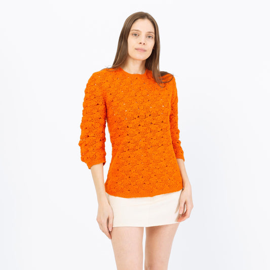 Vintage 70s Orange Floral Crochet Sweater Top - XS to Small | Retro Wool Knit 3/4 Sleeve Hippie Shirt