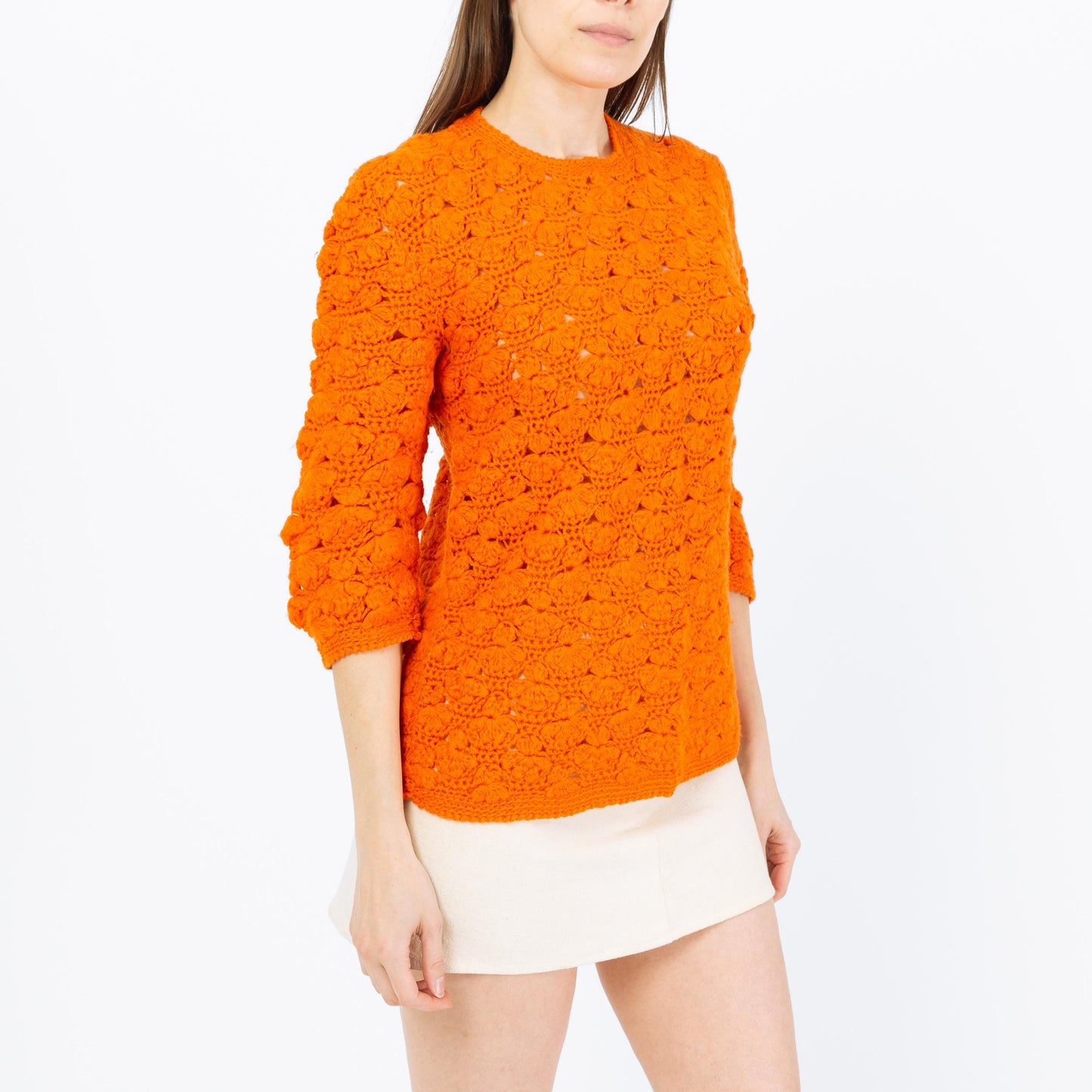 Vintage 70s Orange Floral Crochet Sweater Top - XS to Small | Retro Wool Knit 3/4 Sleeve Hippie Shirt