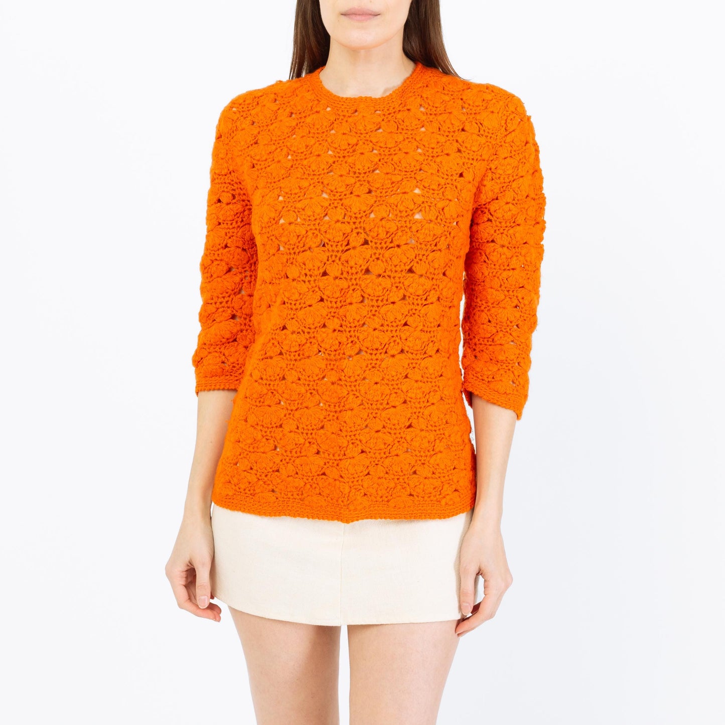 Vintage 70s Orange Floral Crochet Sweater Top - XS to Small | Retro Wool Knit 3/4 Sleeve Hippie Shirt