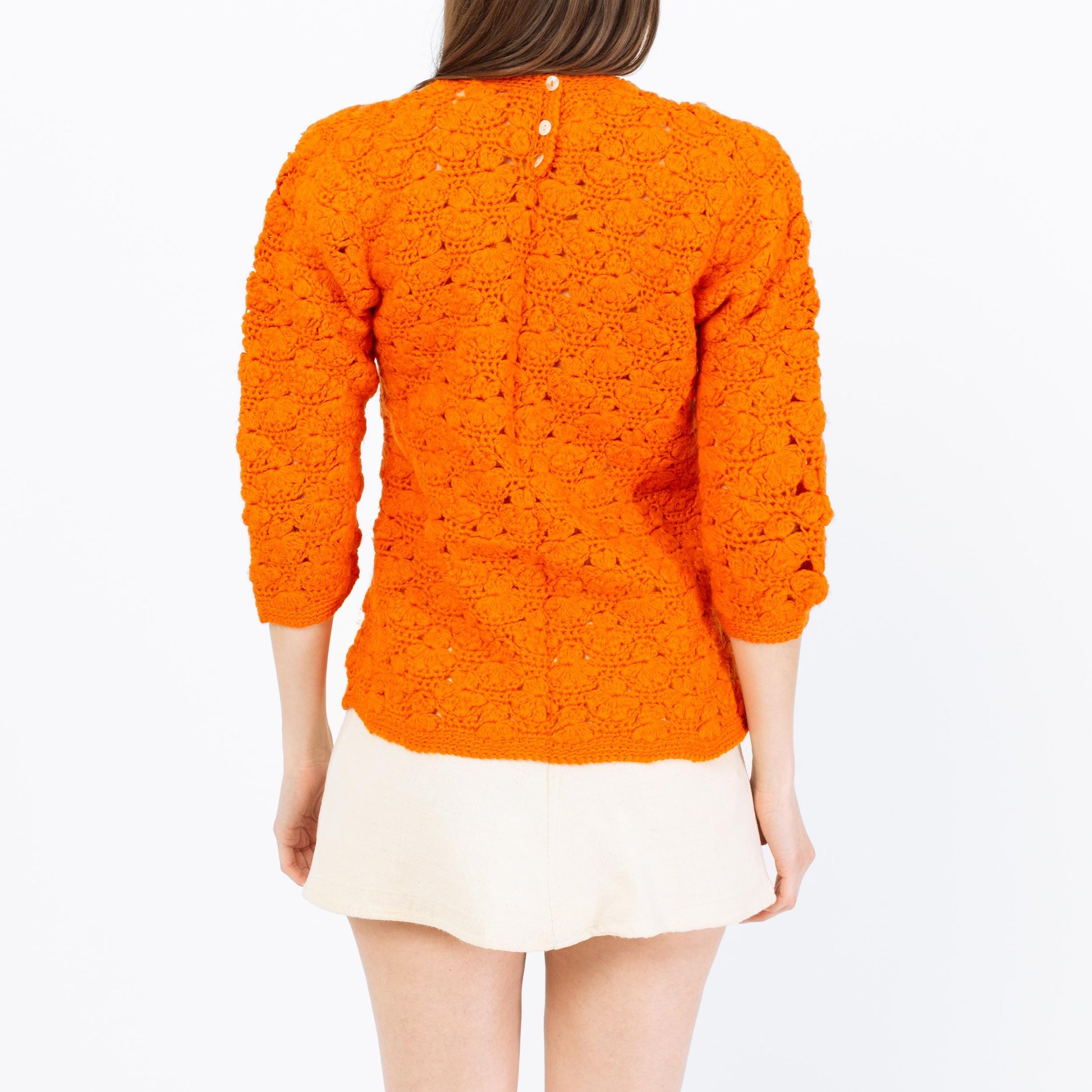 Vintage 70s Orange Floral Crochet Sweater Top - XS to Small | Retro Wool Knit 3/4 Sleeve Hippie Shirt