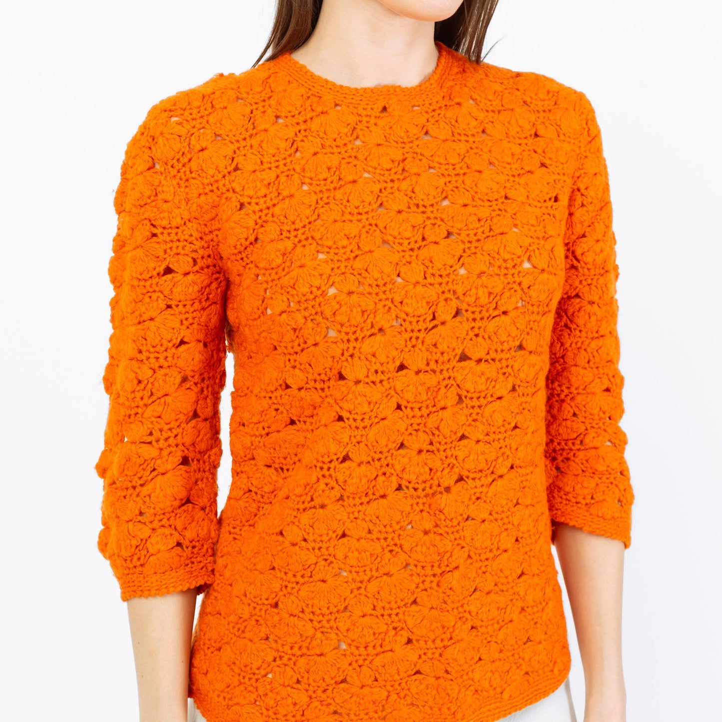Vintage 70s Orange Floral Crochet Sweater Top - XS to Small | Retro Wool Knit 3/4 Sleeve Hippie Shirt