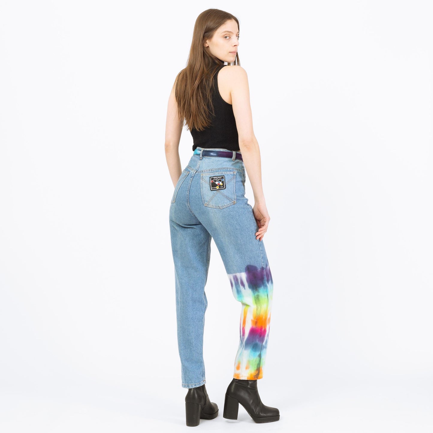 Vintage 90s High Waisted Rainbow Tie Dye Jeans - Extra Small, 25" Waist | Belted Faded Blue Jeans