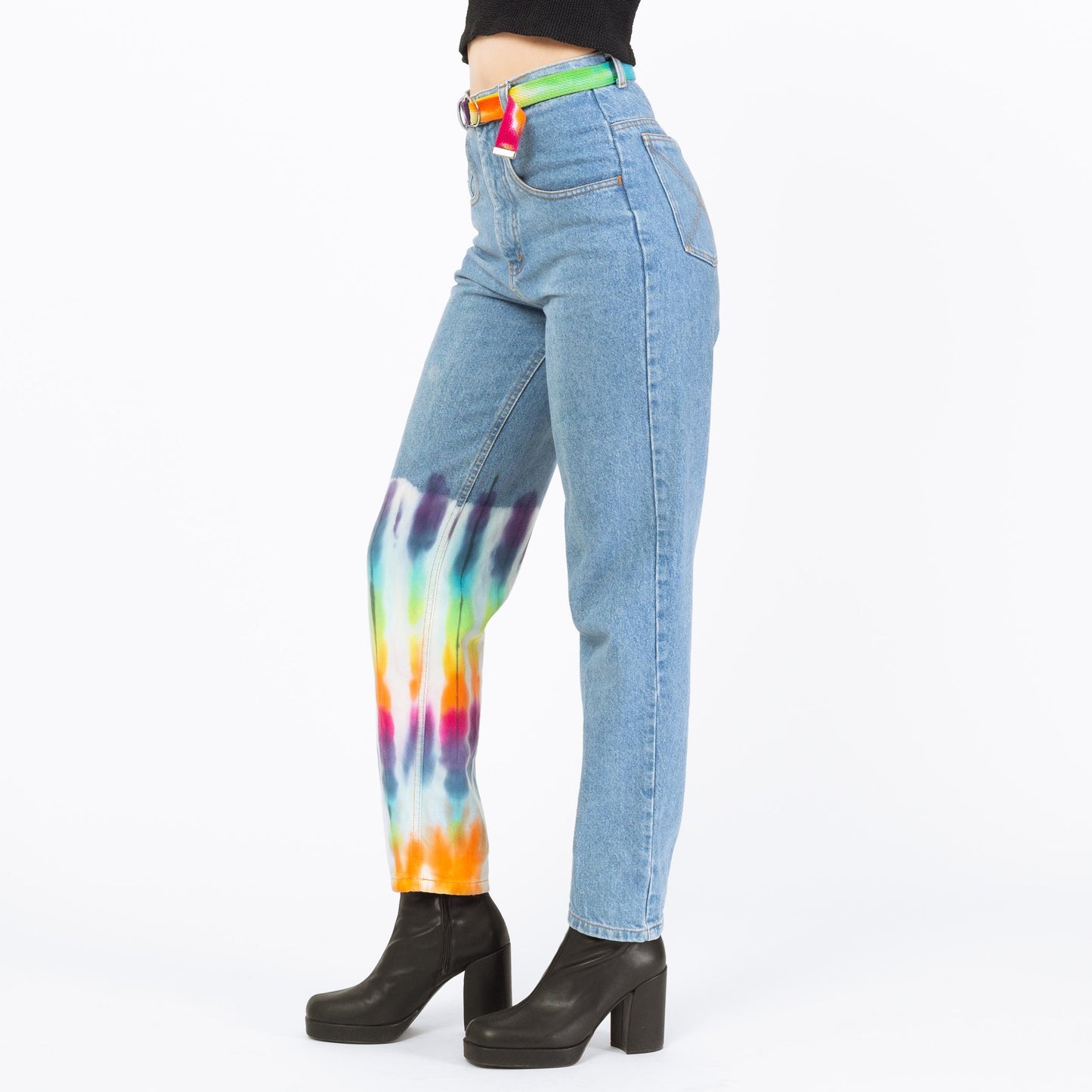 Vintage 90s High Waisted Rainbow Tie Dye Jeans - Extra Small, 25" Waist | Belted Faded Blue Jeans