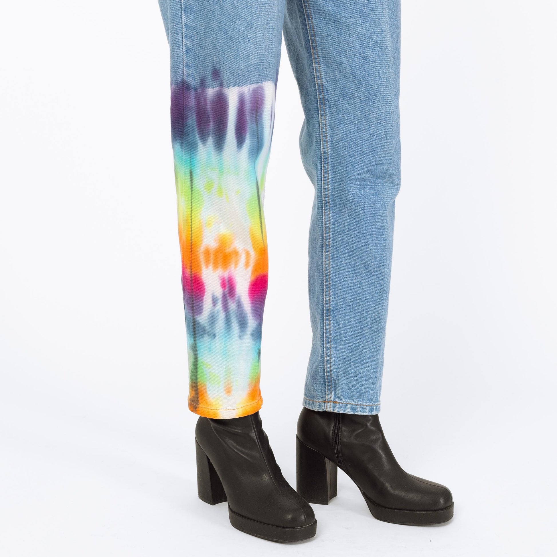 Vintage 90s High Waisted Rainbow Tie Dye Jeans - Extra Small, 25" Waist | Belted Faded Blue Jeans