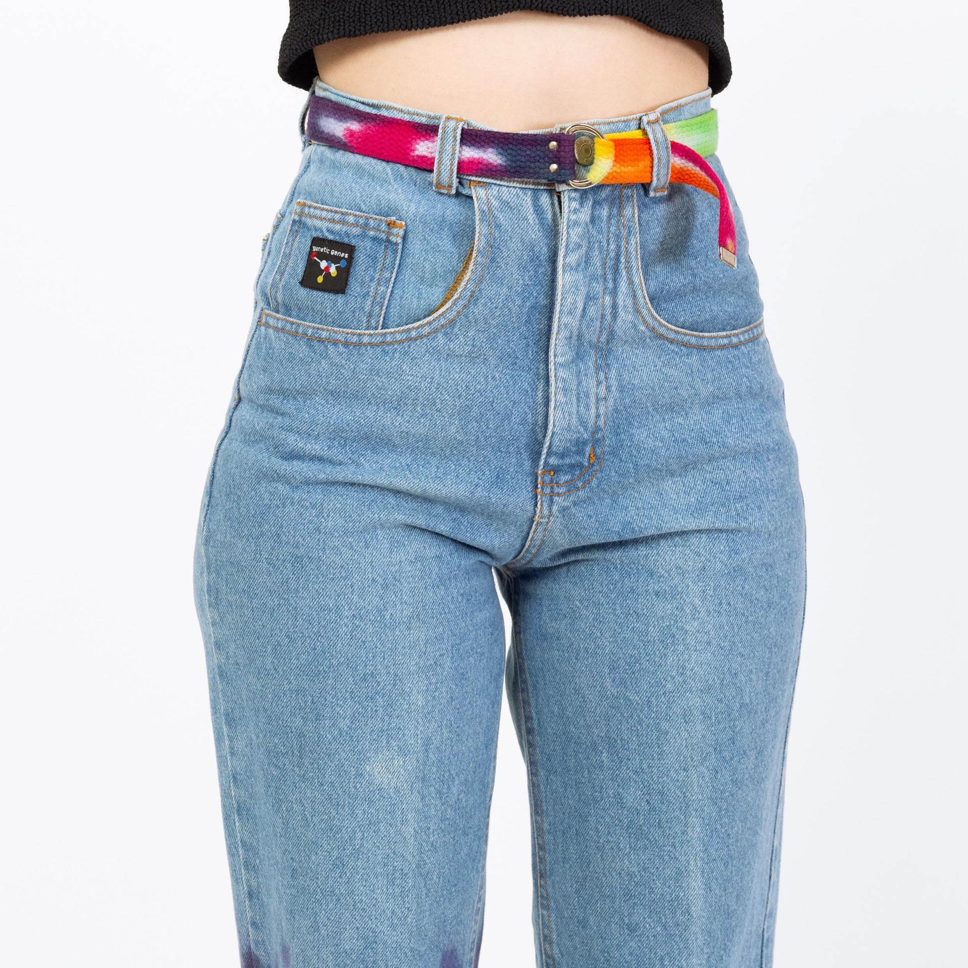 Vintage 90s High Waisted Rainbow Tie Dye Jeans - Extra Small, 25" Waist | Belted Faded Blue Jeans