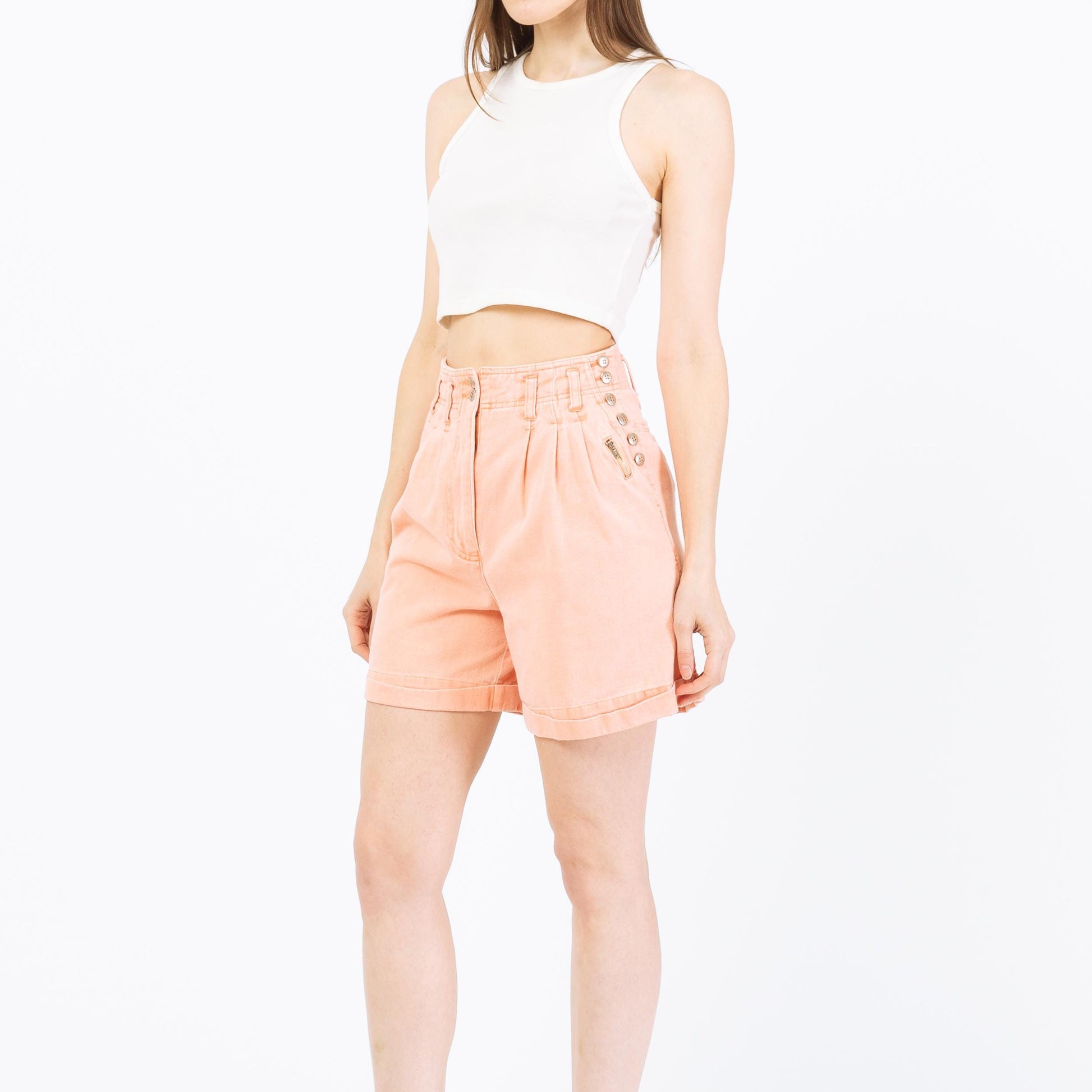 Vintage 80s Peach Button & Zipper Jean Shorts - Extra Small, 25" Waist | Pastel Orange High Waisted Pleated Shorts