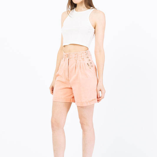 Vintage 80s Peach Button & Zipper Jean Shorts - Extra Small, 25" Waist | Pastel Orange High Waisted Pleated Shorts