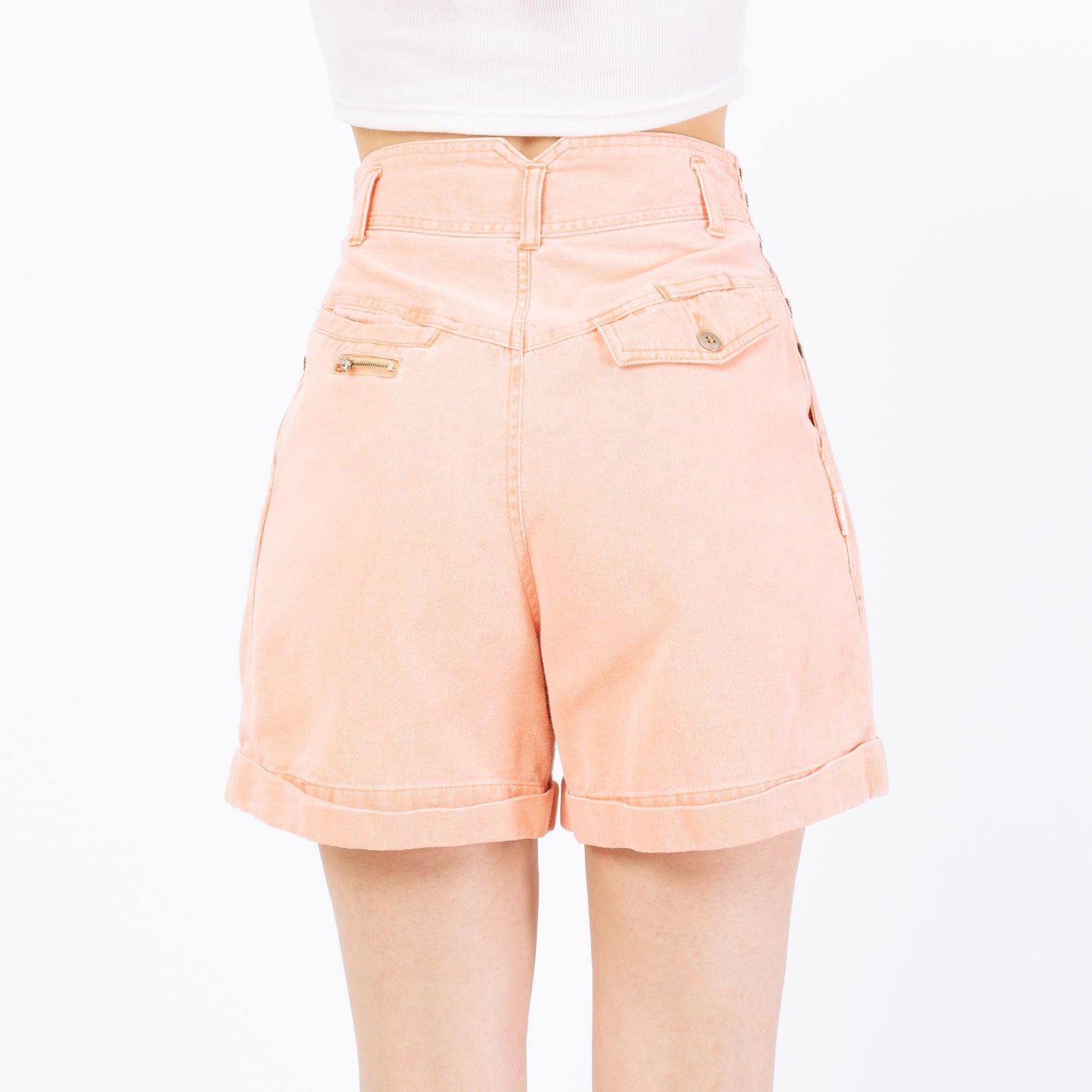 Vintage 80s Peach Button & Zipper Jean Shorts - Extra Small, 25" Waist | Pastel Orange High Waisted Pleated Shorts