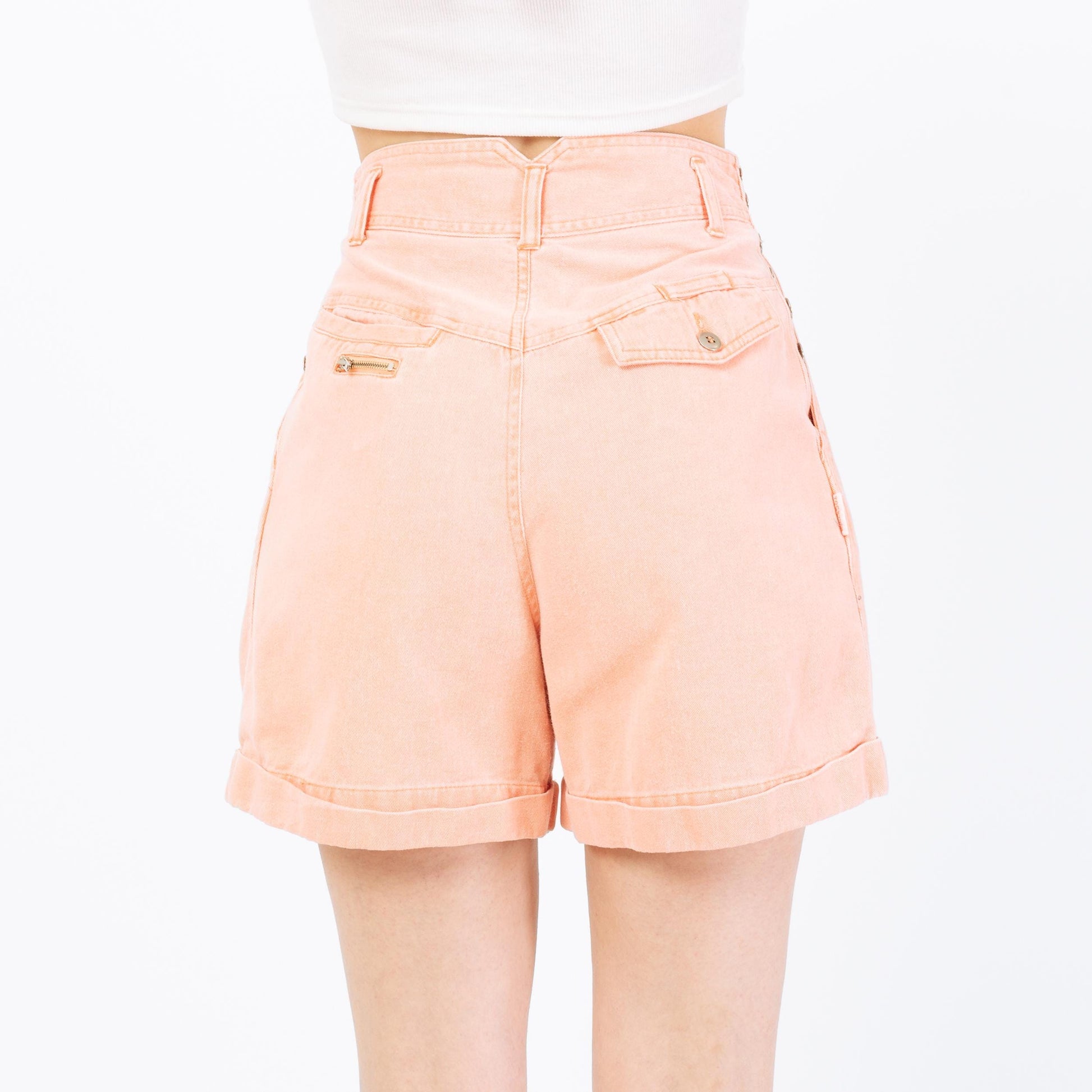 Vintage 80s Peach Button & Zipper Jean Shorts - Extra Small, 25" Waist | Pastel Orange High Waisted Pleated Shorts