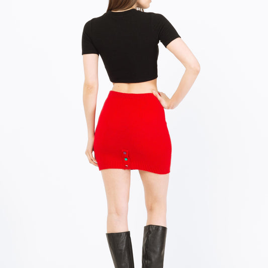Vintage 90s Red Knit Jeweled Mini Skirt - Small | High Waist Fitted Skirt