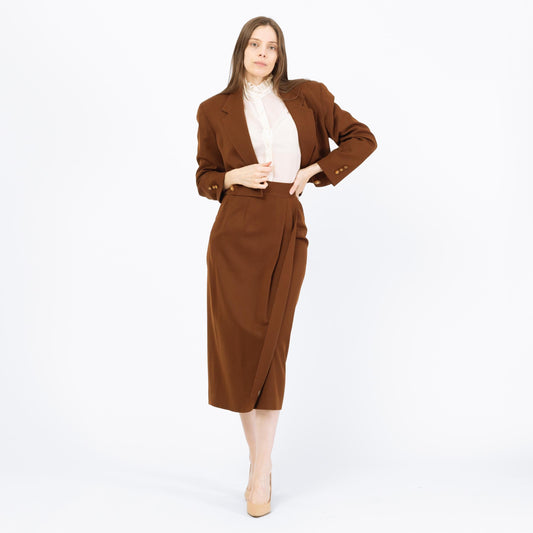 Vintage 80s Chocolate Brown Wool Skirt Suit - Extra Small | Austin Reed Cropped Blazer Jacket & Midi Skirt Matching Set