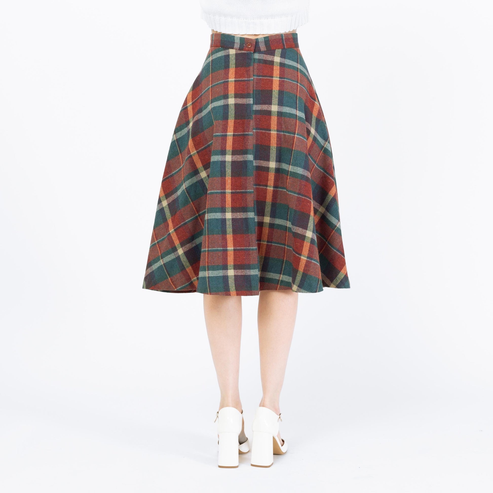 Vintage 70s Teal & Orange Plaid Schoolgirl Midi Skirt - Small, 26" Waist | A Line High Waisted Academia Wool Skirt