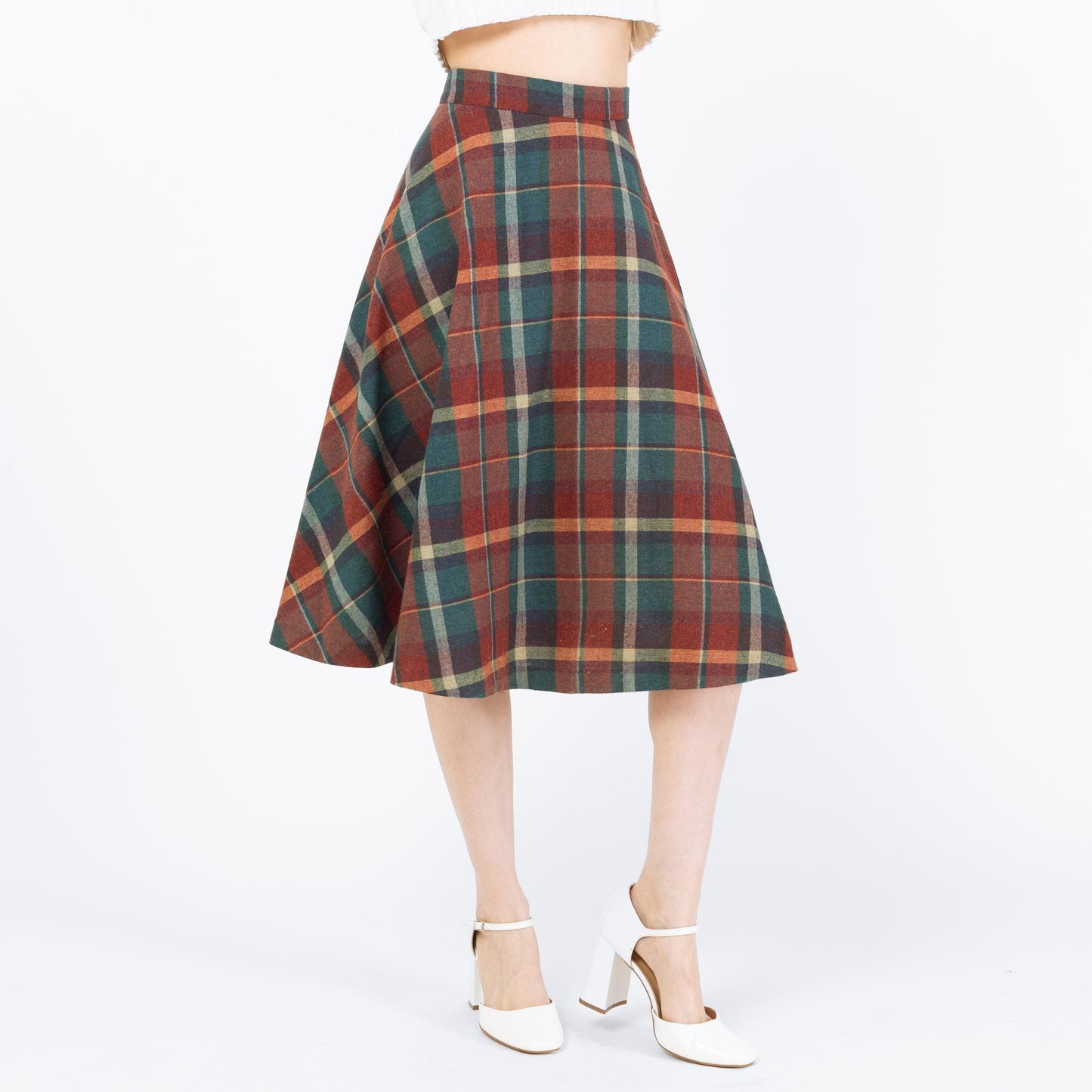 Vintage 70s Teal & Orange Plaid Schoolgirl Midi Skirt - Small, 26" Waist | A Line High Waisted Academia Wool Skirt