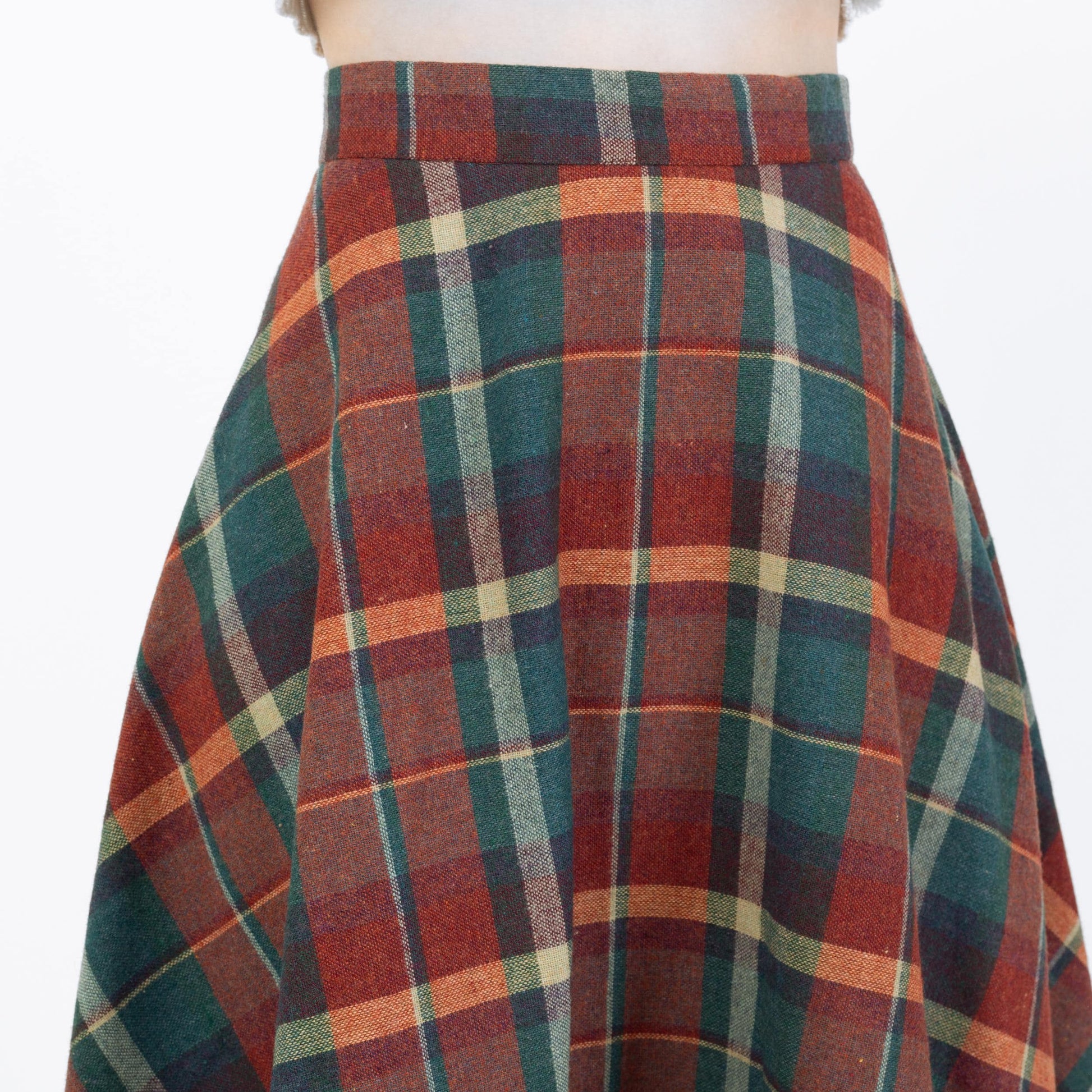 Vintage 70s Teal & Orange Plaid Schoolgirl Midi Skirt - Small, 26" Waist | A Line High Waisted Academia Wool Skirt