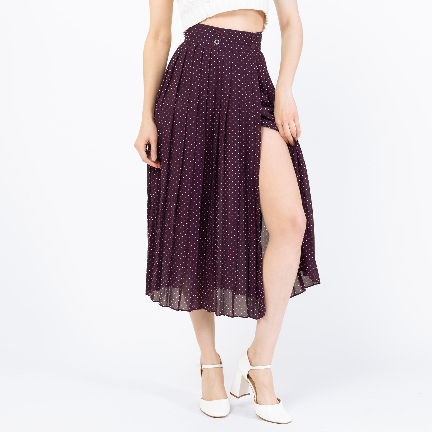 Vintage Y2K Purple Polka Dot Wrap Skirt - Extra Small, 25" Waist | Sheer High Waisted Pleated Skirt