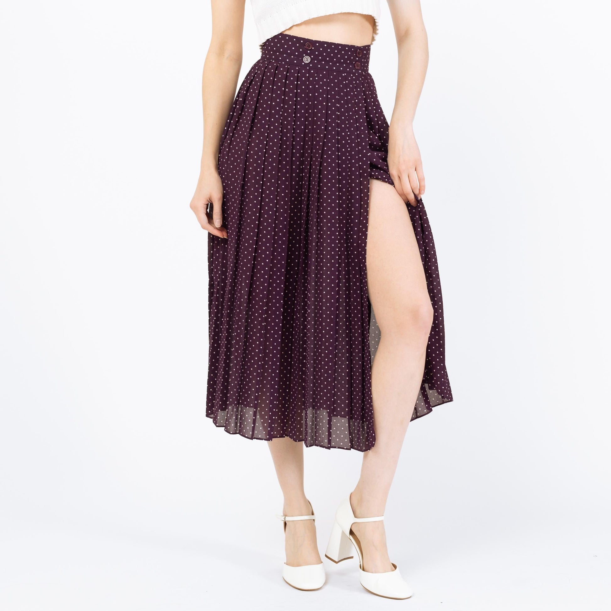 Vintage Y2K Purple Polka Dot Wrap Skirt - Extra Small, 25" Waist | Sheer High Waisted Pleated Skirt