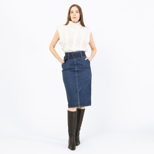 Vintage 80s Belted Denim Pencil Skirt - Small, 26"-27" Waist | Chic Dark Wash Blue Jean Midi Skirt