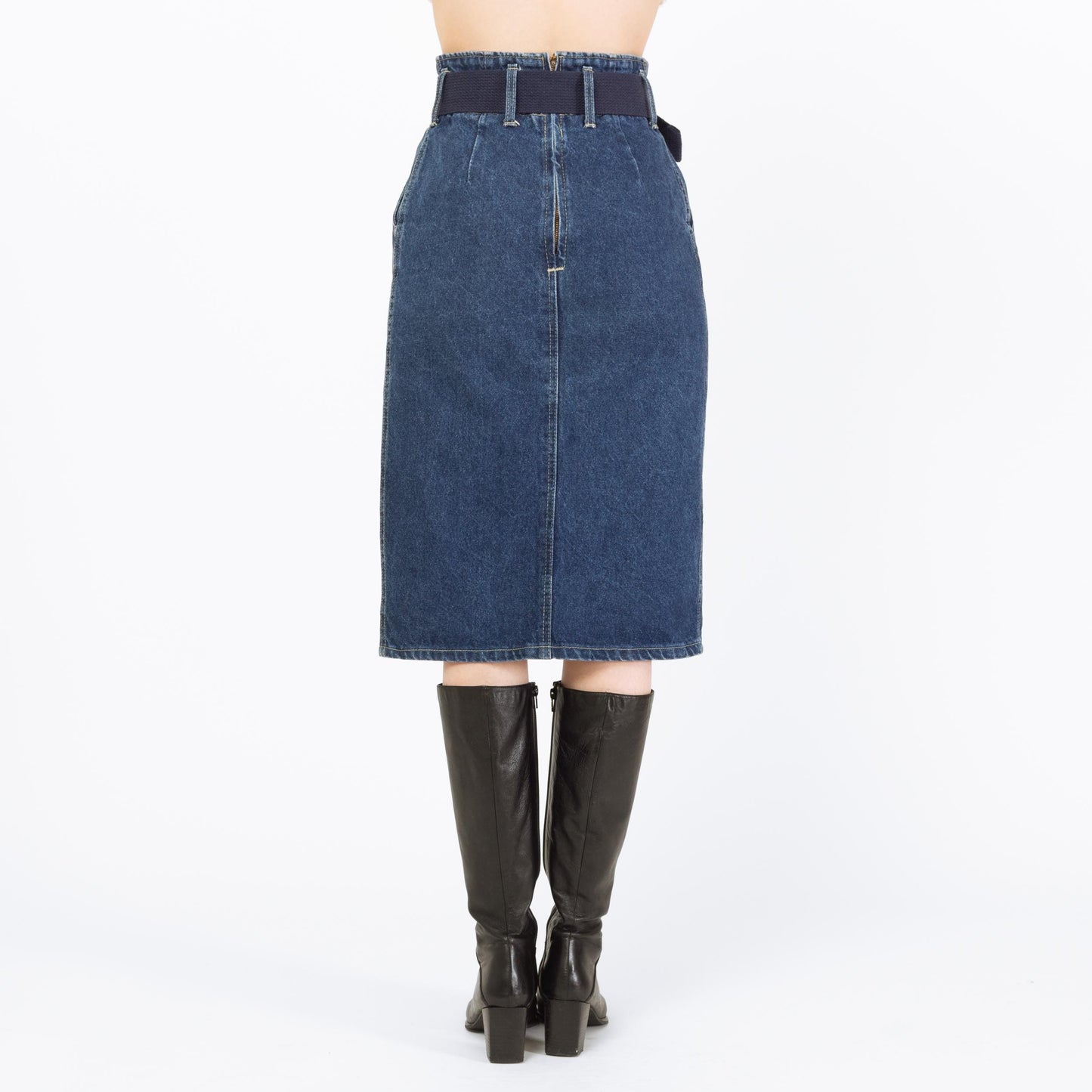 Vintage 80s Belted Denim Pencil Skirt - Small, 26"-27" Waist | Chic Dark Wash Blue Jean Midi Skirt
