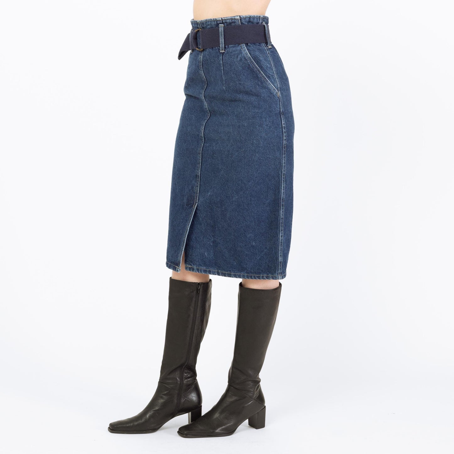 Vintage 80s Belted Denim Pencil Skirt - Small, 26"-27" Waist | Chic Dark Wash Blue Jean Midi Skirt