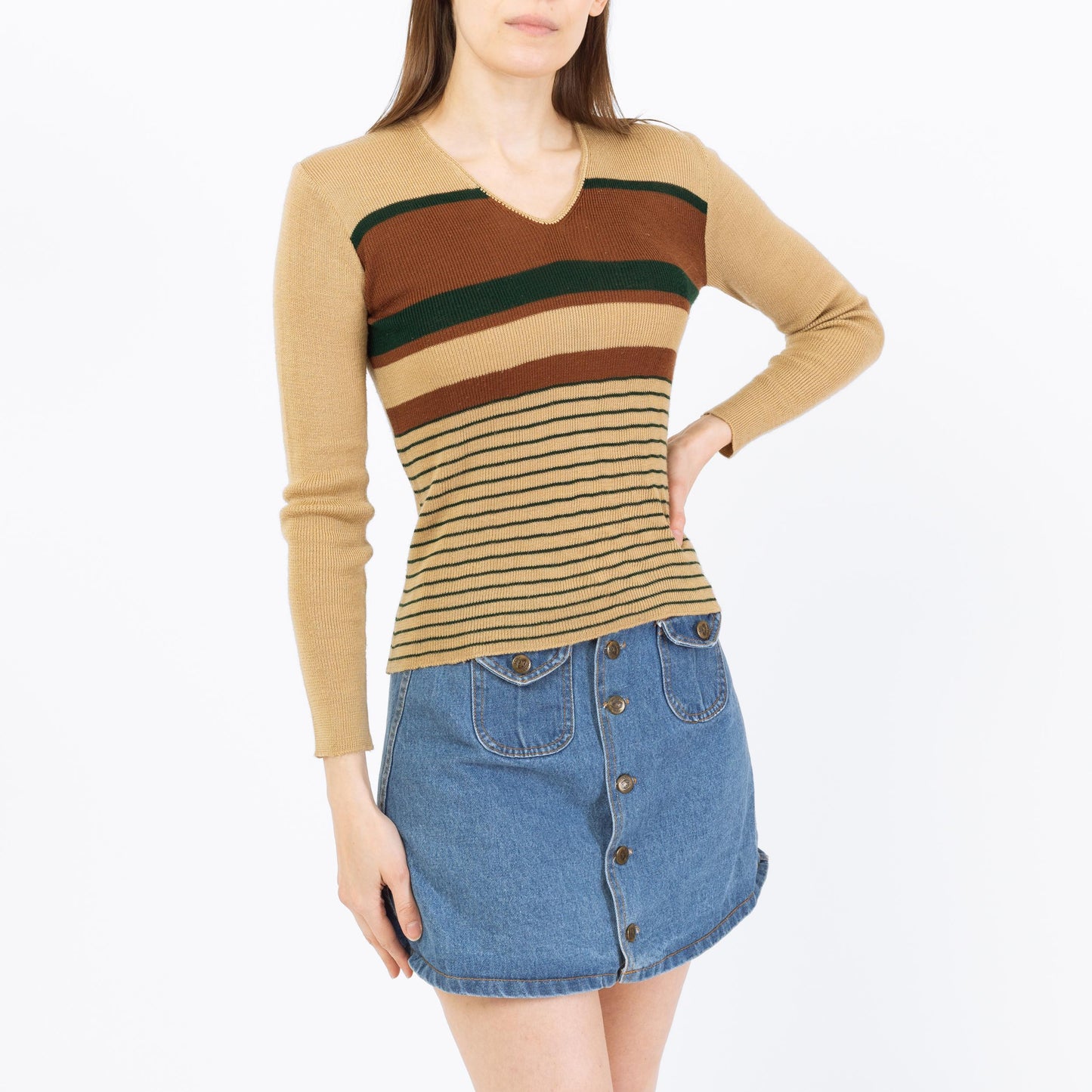 Vintage 70s Earth Tone Striped Knit Top - Small | Retro Tan & Brown Lightweight Sweater