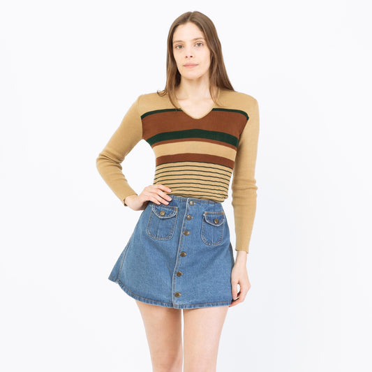 Vintage 70s Earth Tone Striped Knit Top - Small | Retro Tan & Brown Lightweight Sweater