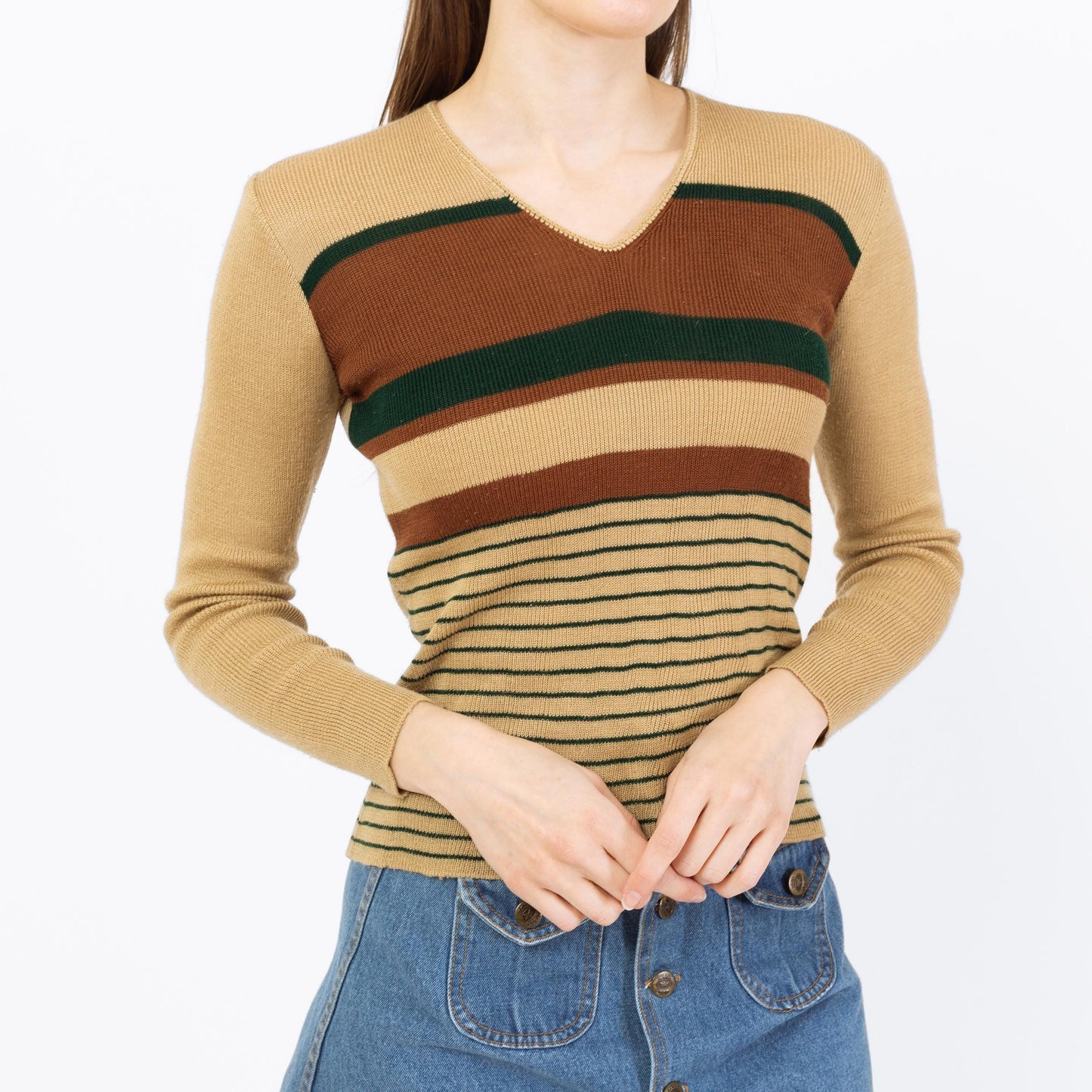 Vintage 70s Earth Tone Striped Knit Top - Small | Retro Tan & Brown Lightweight Sweater