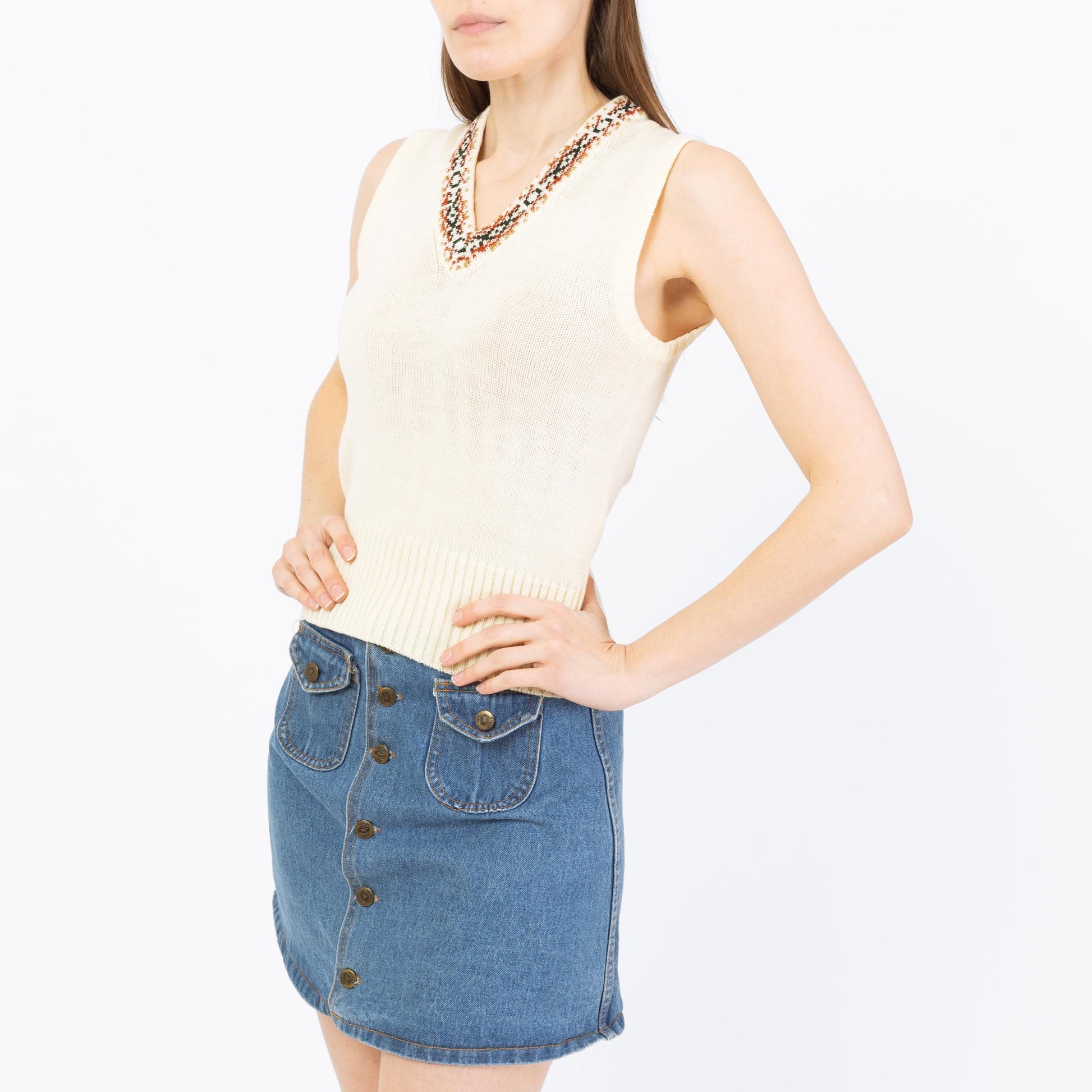 Vintage 70s Southwestern Knit Sweater Vest - Small | Boho Cream Sleeveless Top