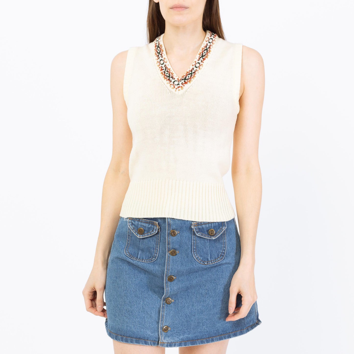 Vintage 70s Southwestern Knit Sweater Vest - Small | Boho Cream Sleeveless Top
