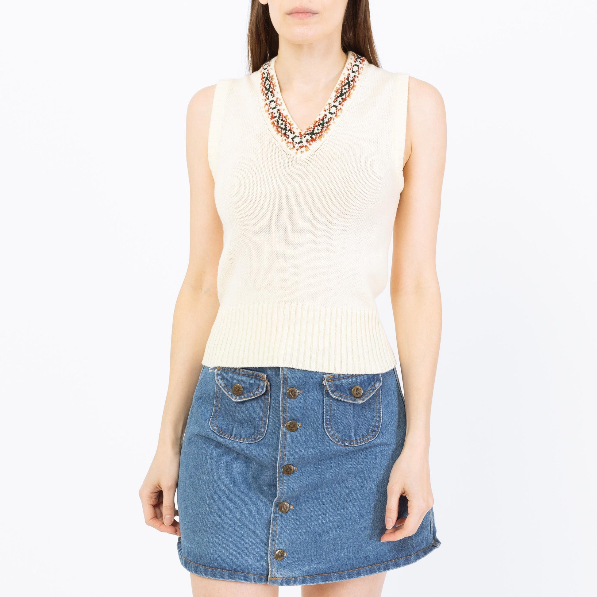 Vintage 70s Southwestern Knit Sweater Vest - Small | Boho Cream Sleeveless Top