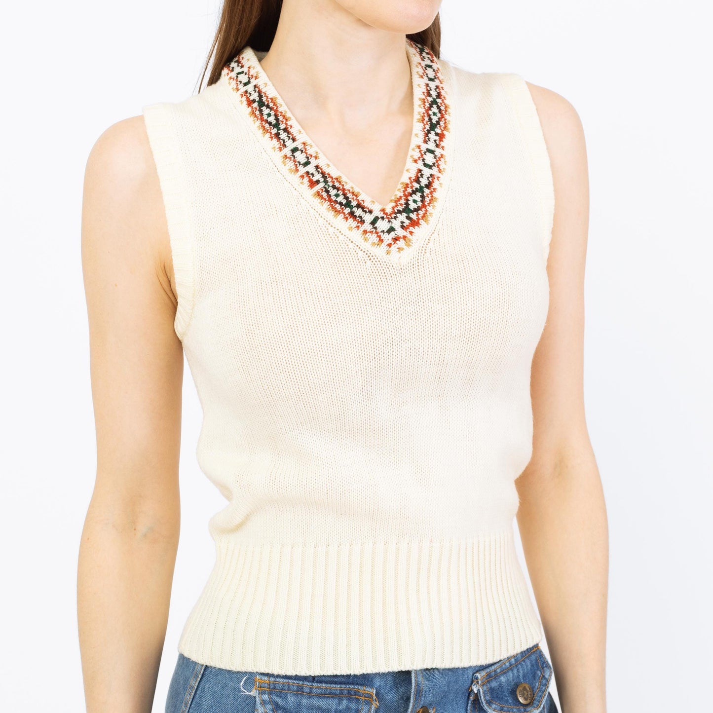 Vintage 70s Southwestern Knit Sweater Vest - Small | Boho Cream Sleeveless Top