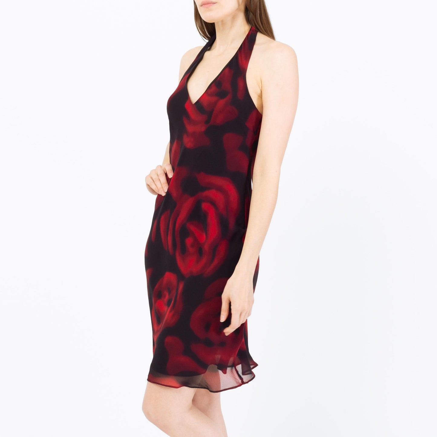 Vintage Y2K Silk Rose Print Halter Mini Dress - Extra Small, Size 1-2 | Sleeveless V Neck Bias Cut Party Dress