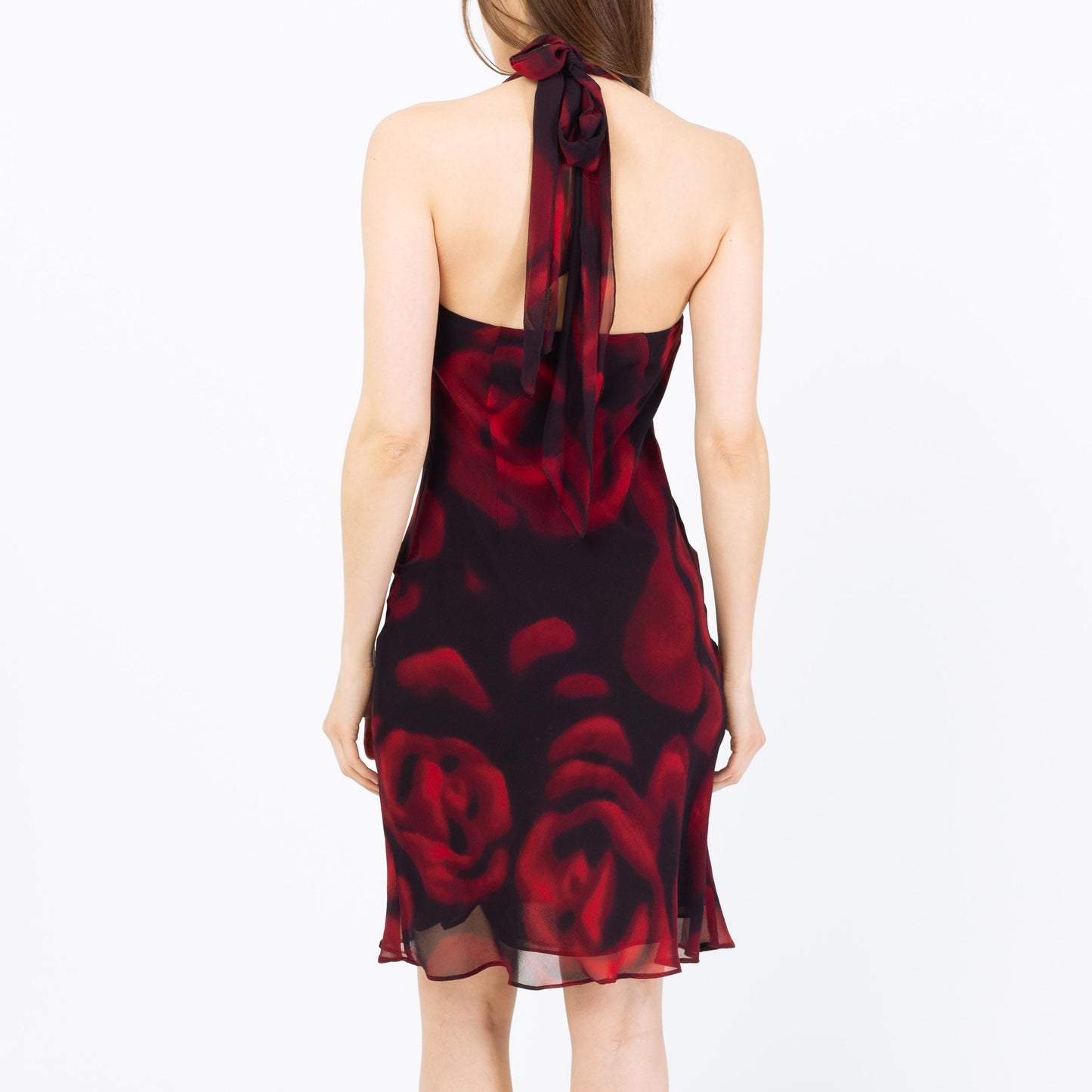 Vintage Y2K Silk Rose Print Halter Mini Dress - Extra Small, Size 1-2 | Sleeveless V Neck Bias Cut Party Dress
