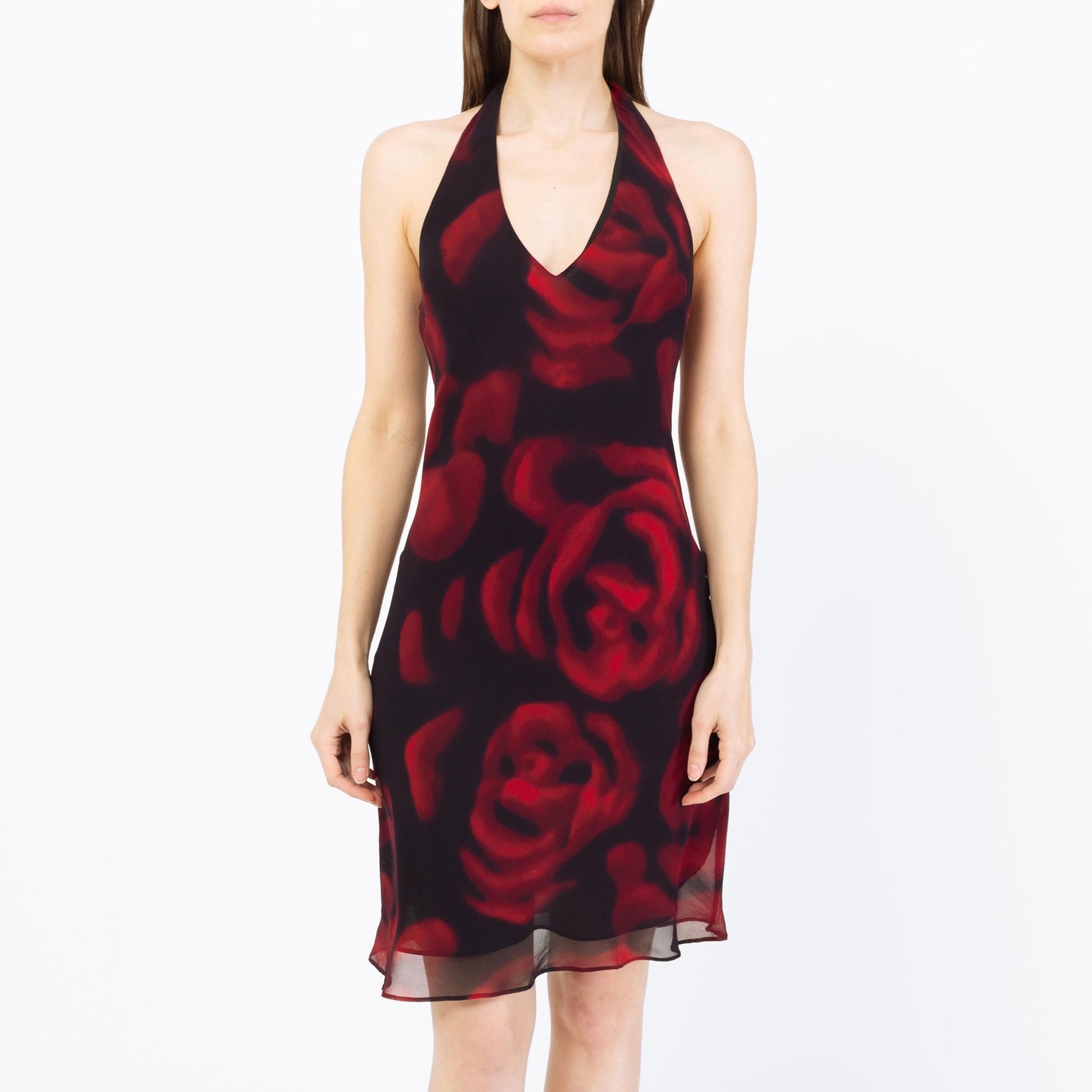 Vintage Y2K Silk Rose Print Halter Mini Dress - Extra Small, Size 1-2 | Sleeveless V Neck Bias Cut Party Dress