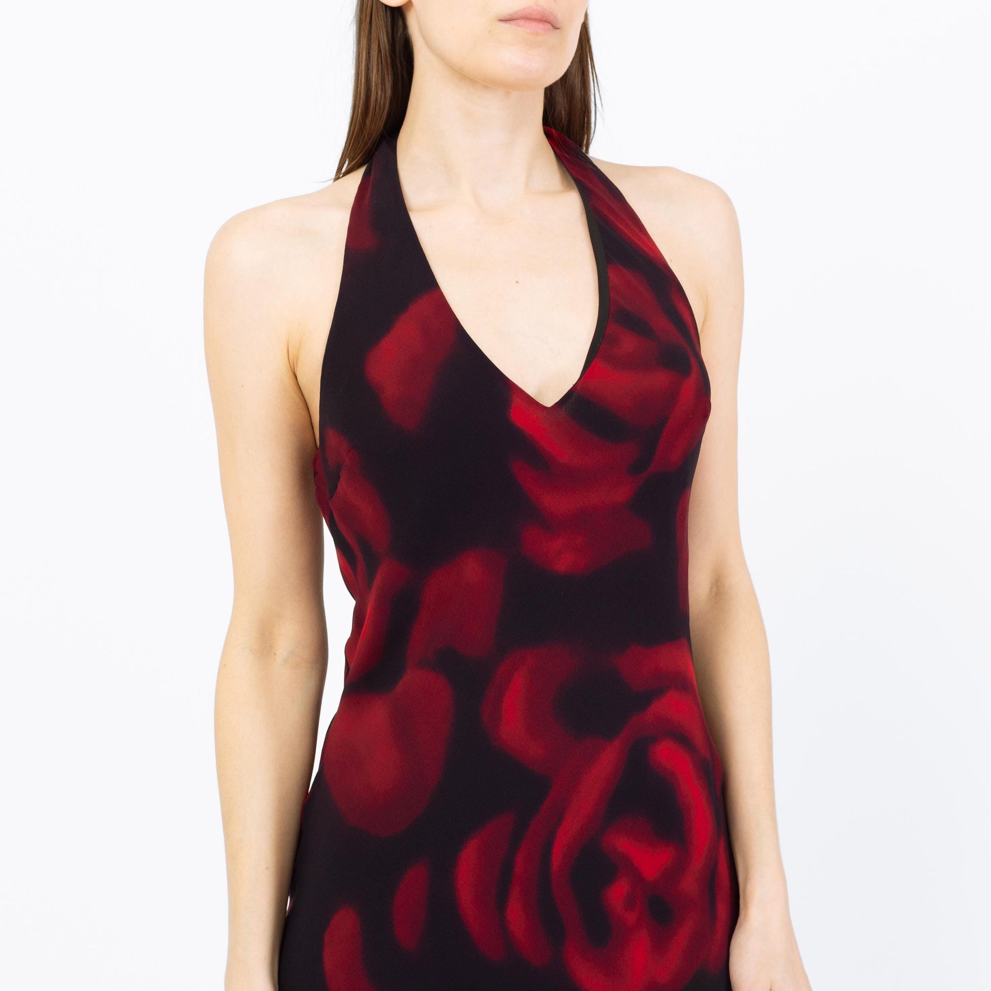 Vintage Y2K Silk Rose Print Halter Mini Dress - Extra Small, Size 1-2 | Sleeveless V Neck Bias Cut Party Dress
