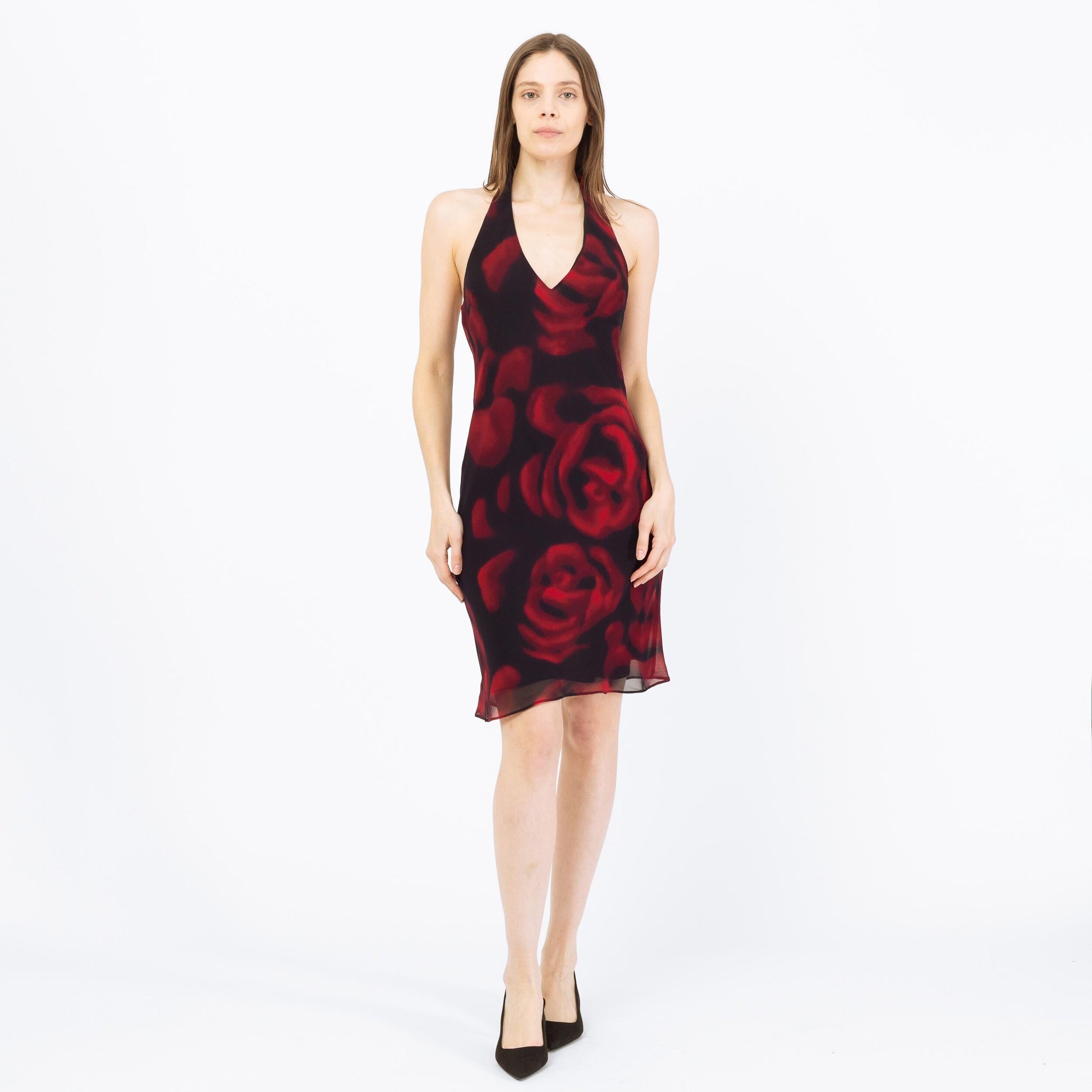 Vintage Y2K Silk Rose Print Halter Mini Dress - Extra Small, Size 1-2   Flying Apple Vintage