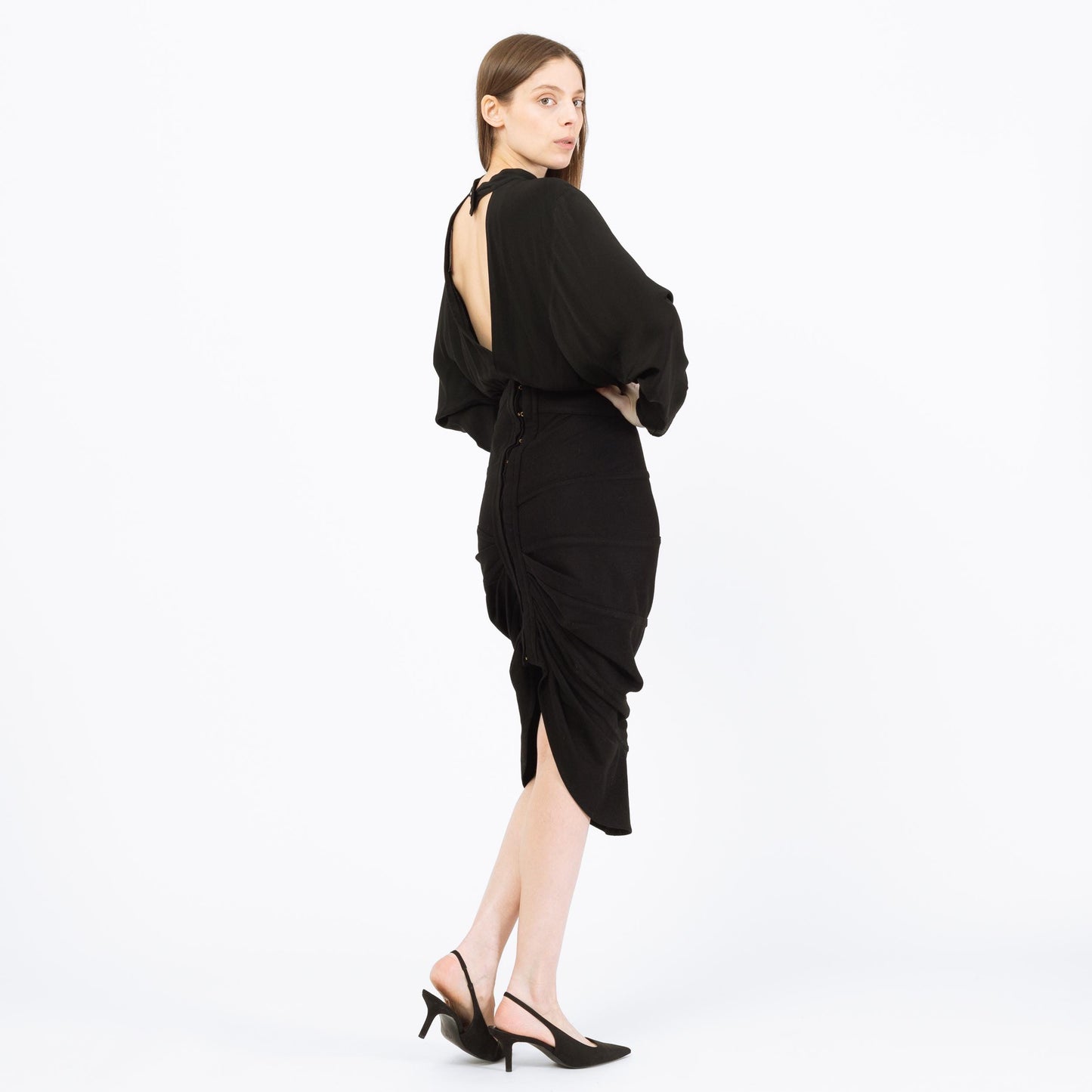 Vintage 80s Nick Coleman Black Wool Wiggle Skirt - Small | Avant-Garde Designer High Low Midi Pencil Skirt