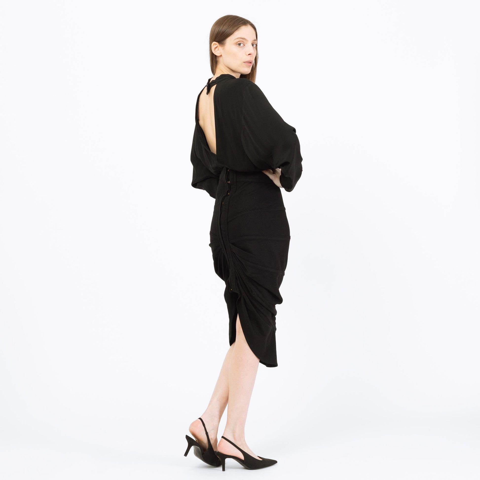 Vintage 80s Nick Coleman Black Wool Wiggle Skirt - Small | Avant-Garde Designer High Low Midi Pencil Skirt