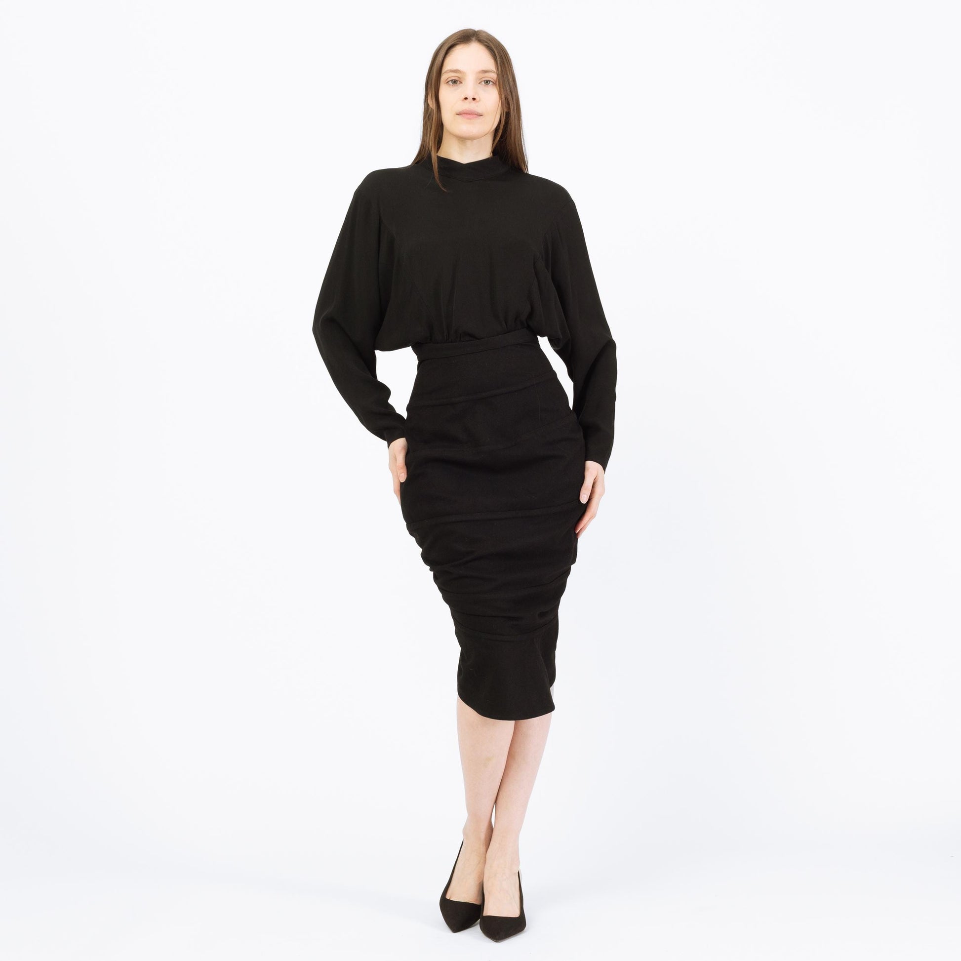 Vintage 80s Nick Coleman Black Wool Wiggle Skirt - Small | Avant-Garde Designer High Low Midi Pencil Skirt